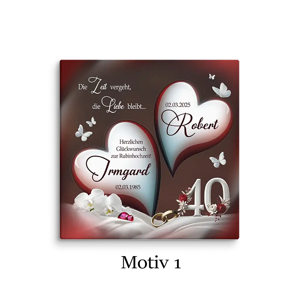 Rubinhochzeit Leinwand mit zwei Herzen, Blumen, Schmetterlingen und goldenen Ringen, Zahl 40