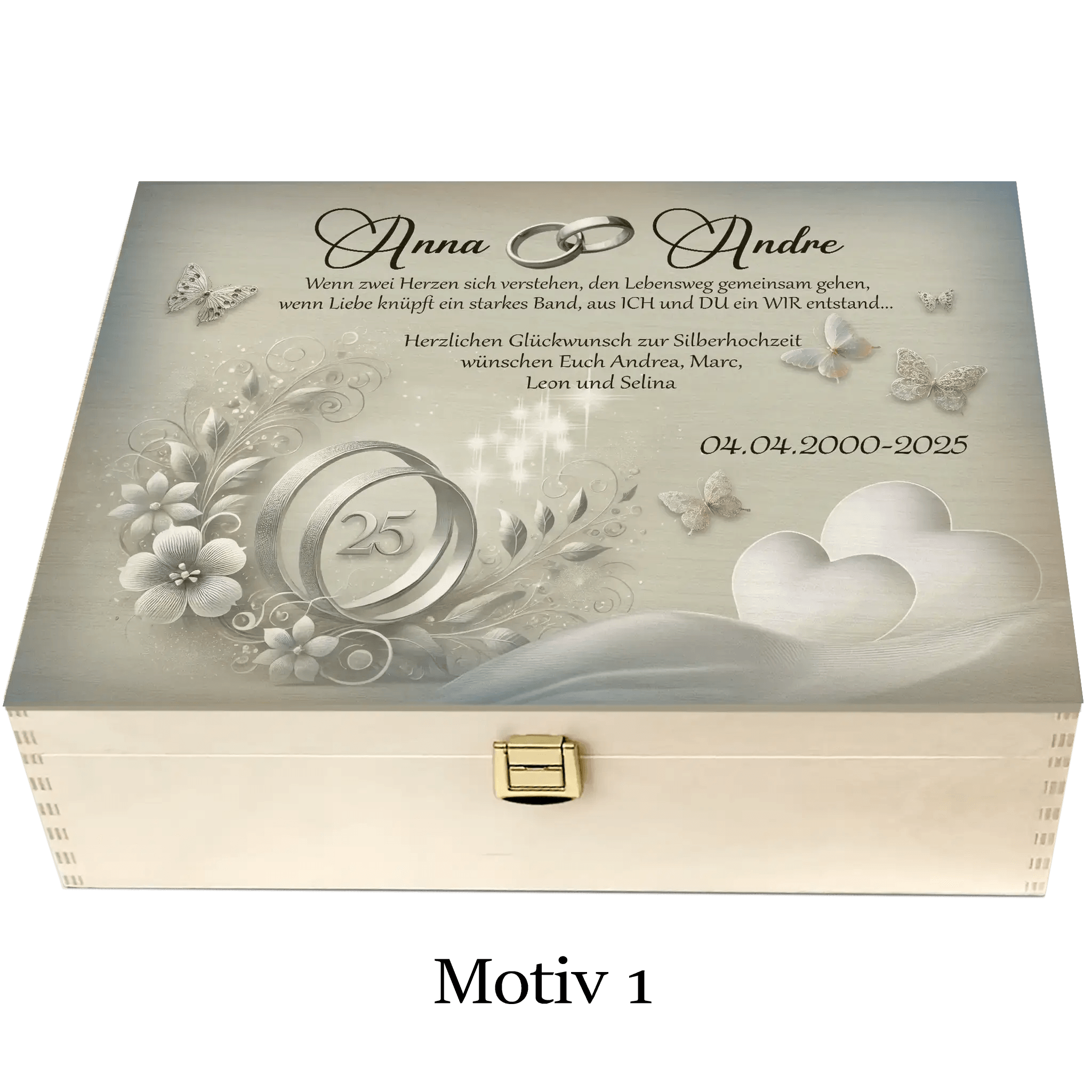 Edle Geschenkbox zur Silberhochzeit mit individuellem Motiv