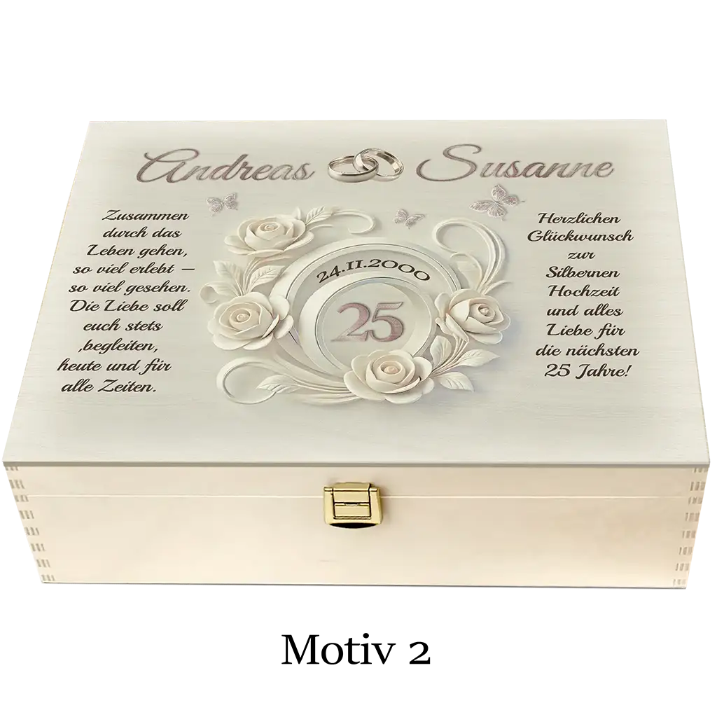 Holzbox zur Silberhochzeit mit Blumen, Gravur, Eheringen und Widmung, Motiv 2