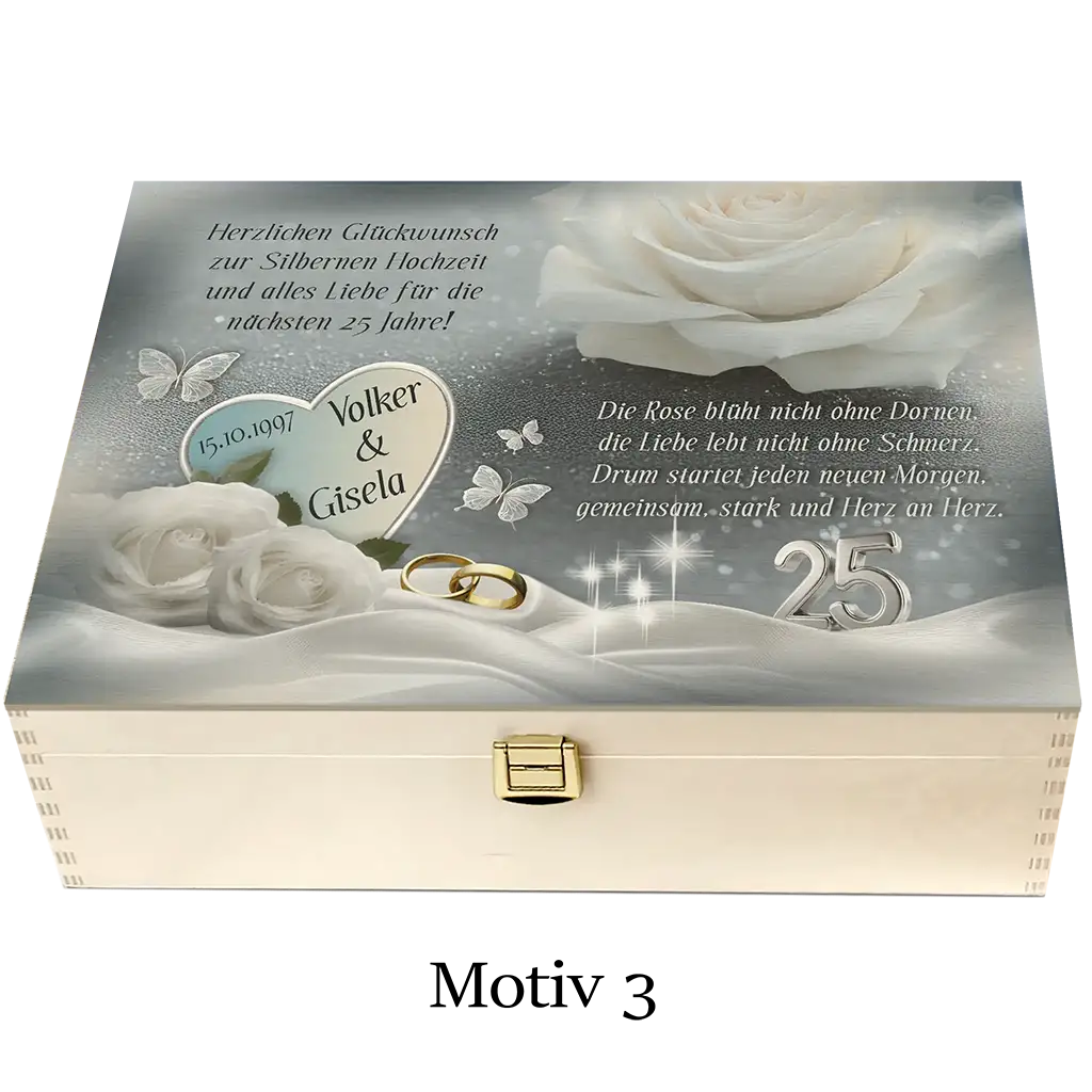Holzbox Silberhochzeit Motiv 3 mit weißen Rosen, Eheringen und Schmetterlingen verziert
