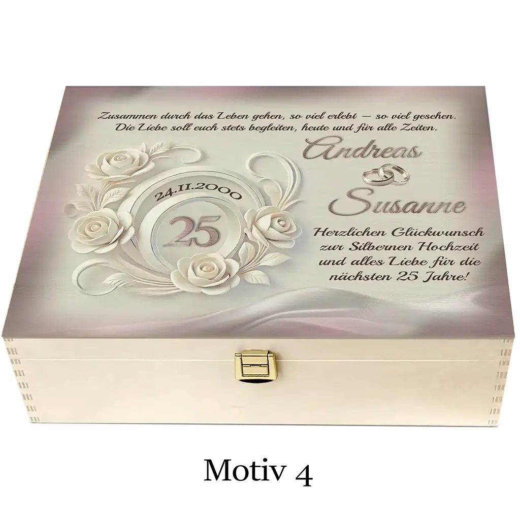 Holzbox mit Gravur zur Silberhochzeit, Rosenmotiv, Hochzeitstag, Namen und Glückwünschen