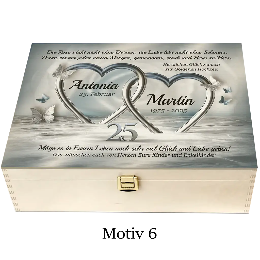 Holzbox Silberhochzeit Motiv 6 mit verschlungenen Herzen, Schmetterlingen und Gravur