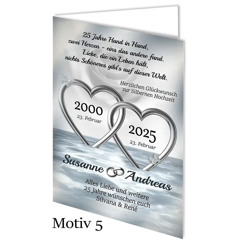 Silberhochzeit Karte mit zwei silbernen Herzen, Jubiläumsdaten und Glückwünschen, Motiv 5