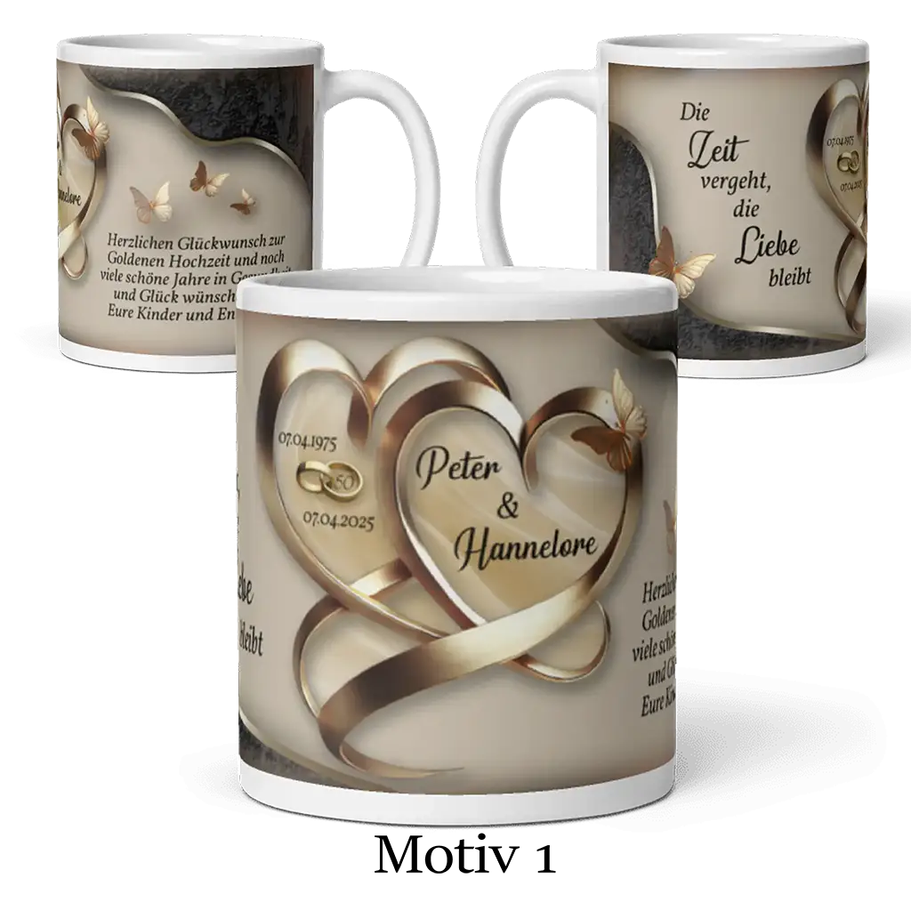 Motivtasse Goldhochzeit mit goldenen Herzen, Schmetterlingen und persönlicher Gravur