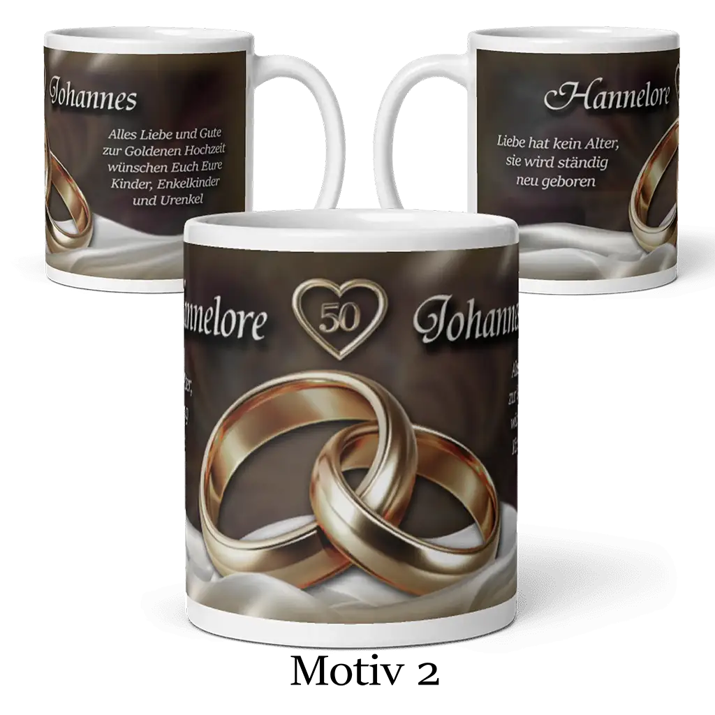 Motivtasse Goldhochzeit mit goldenen Ringen und Herz für 50 Jahre Ehe Jubiläumsgeschenk