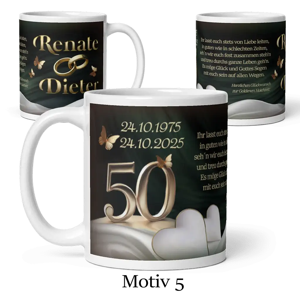 Motivtasse Goldhochzeit mit goldener 50, Schmetterlingen, Herzen und Namen Renate Dieter