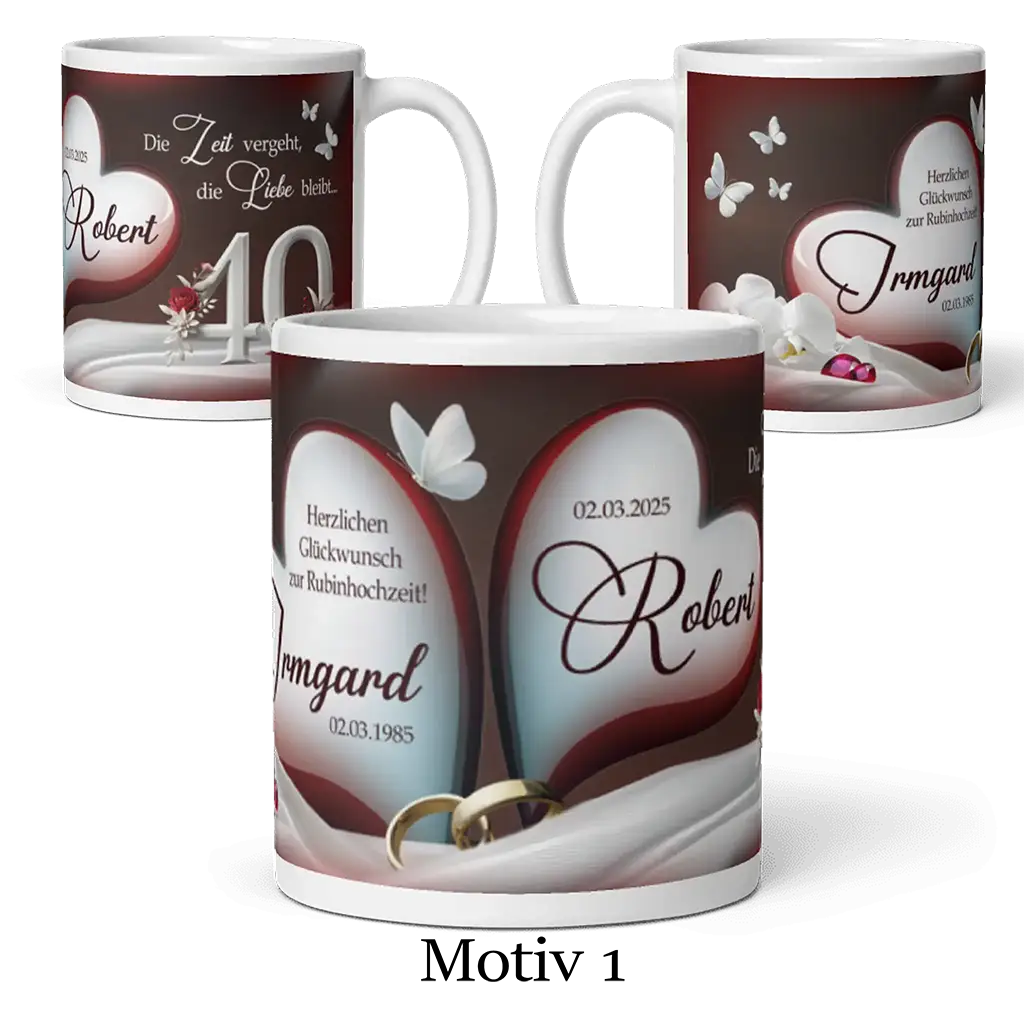 Personalisierte Rubinhochzeit Tasse mit Herzmotiv, Namen, Datum, Schmetterlingen und Ringen
