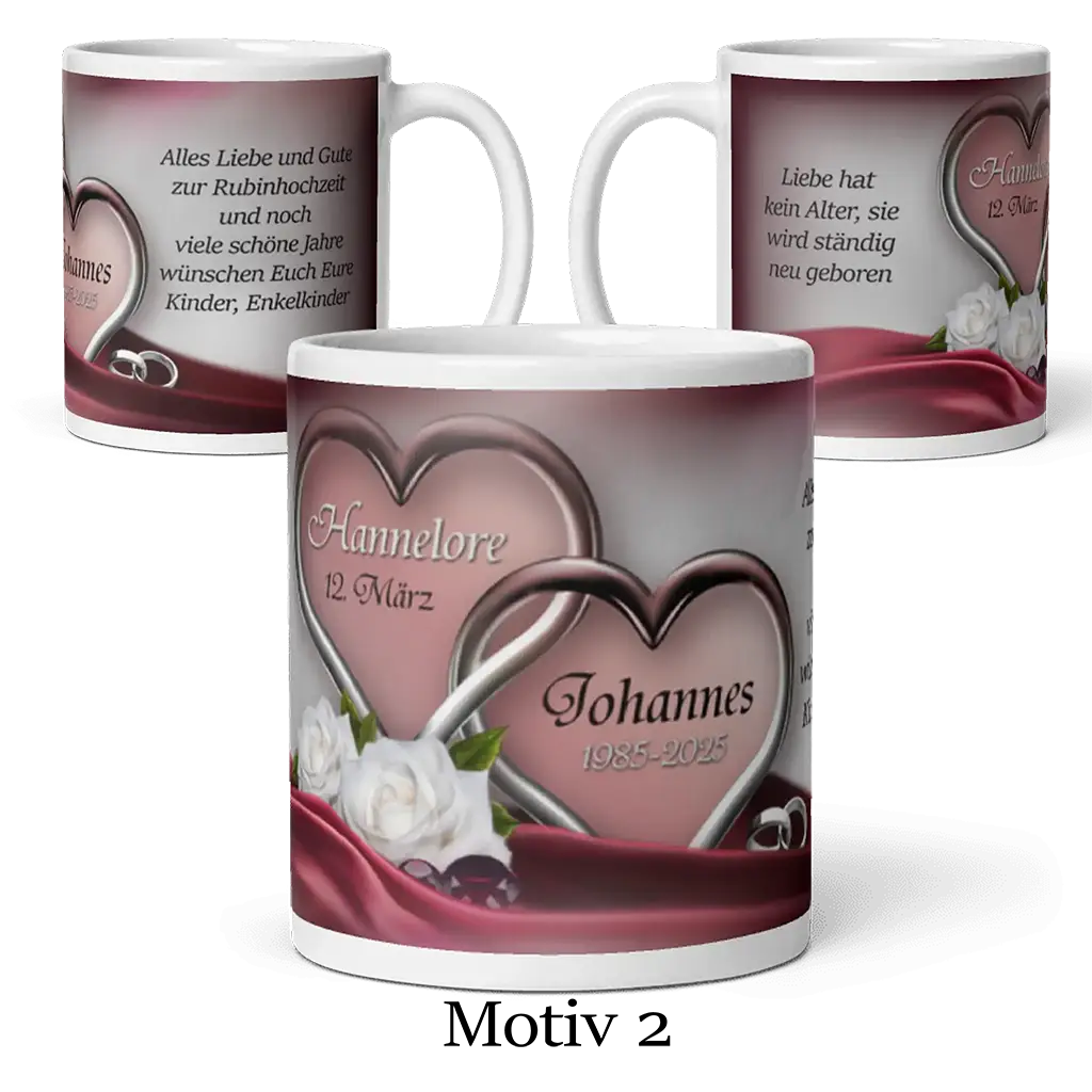 Personalisierte Motiv-Tasse zur Rubinhochzeit mit Rosen, Herzen und Namen, Geschenkidee