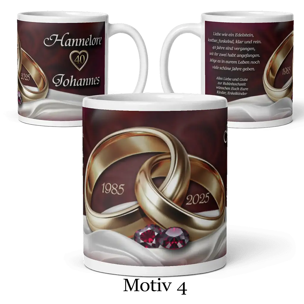 Personalisierte Rubinhochzeit-Tasse mit goldenen Ringen, Jahren 1985-2025 und Rubinen.