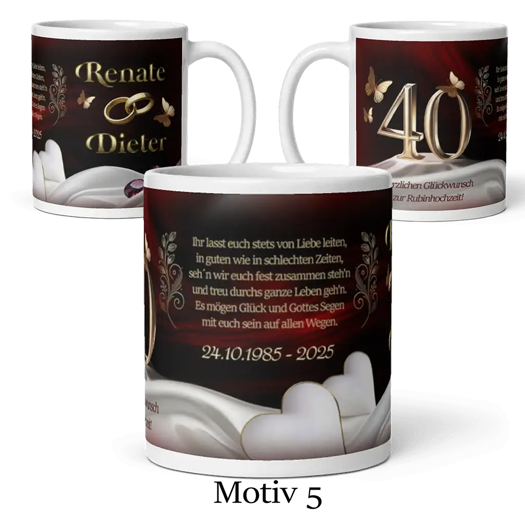 Tasse zur Rubinhochzeit mit goldenen Ringen, Zahl 40, Herzen und Jubiläumsspruch, personalisiert