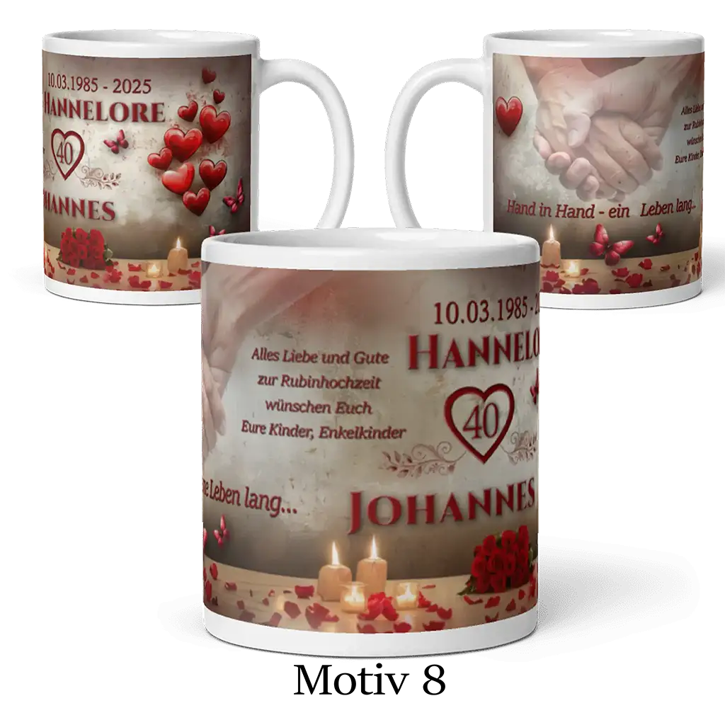 Tasse zur Rubinhochzeit mit Kerzen, Rosen, roten Herzen und persönlichem Aufdruck, Motiv 8