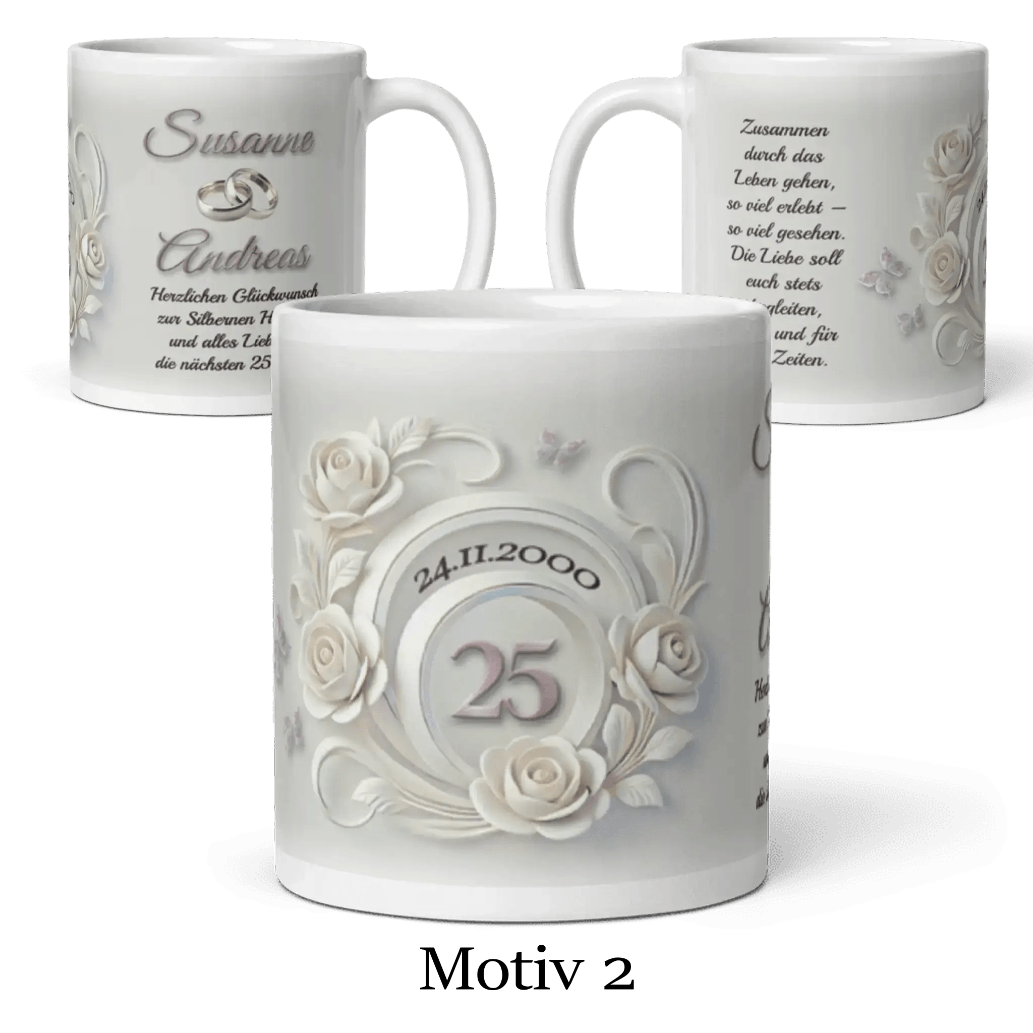 Tasse mit Silberhochzeit-Motiv und individueller Personalisierung