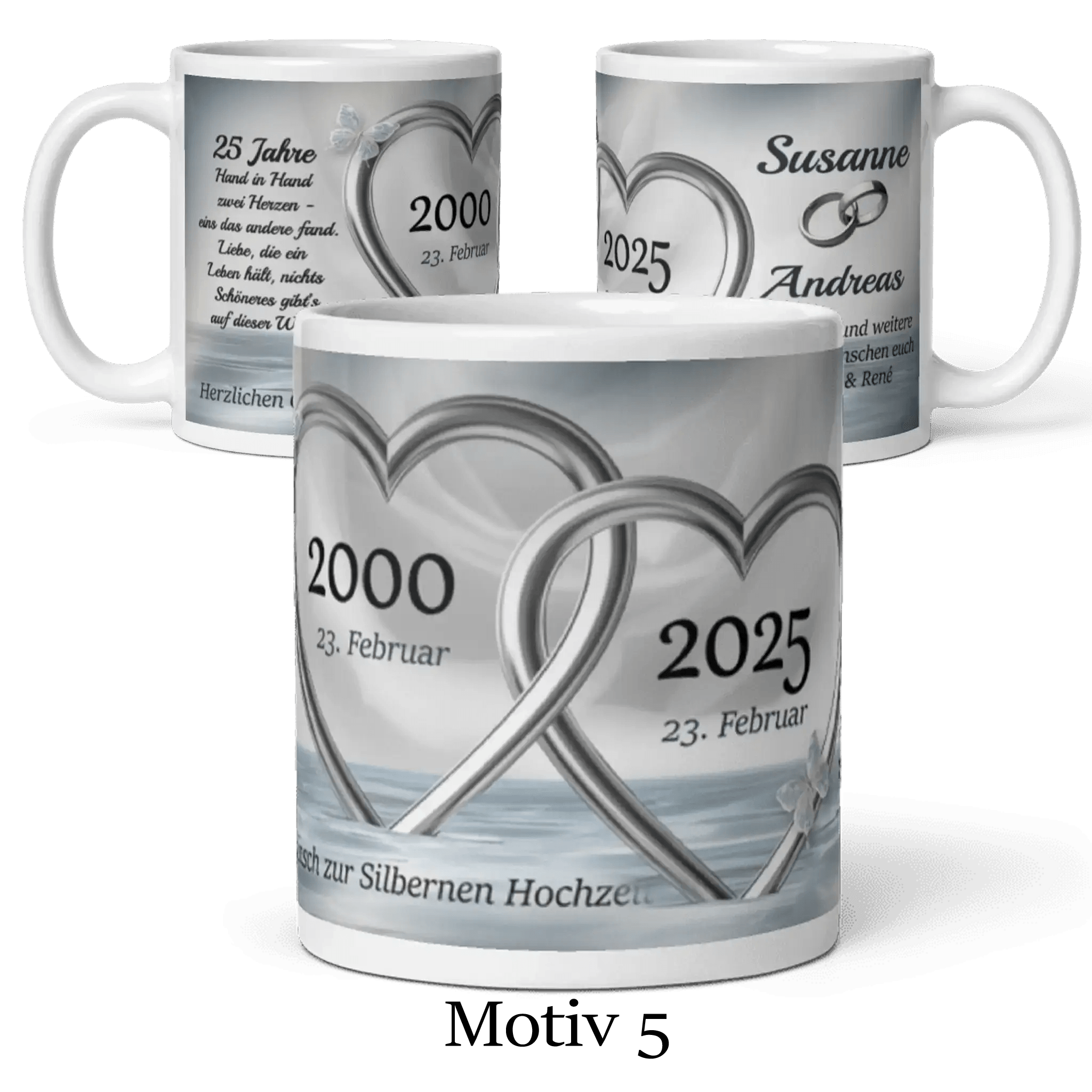 Silberhochzeit-Tasse mit festlichem Motiv und persönlicher Widmung