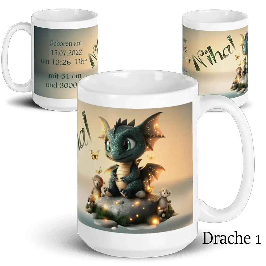 Weiße Tasse mit süßem Drachenmotiv, leuchtenden Sternen und Kuscheltieren, personalisierbar
