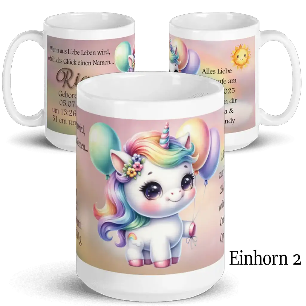 Kaffeetasse mit süßem Einhorn-Motiv, Regenbogenmähne, Ballons und personalisiertem Text