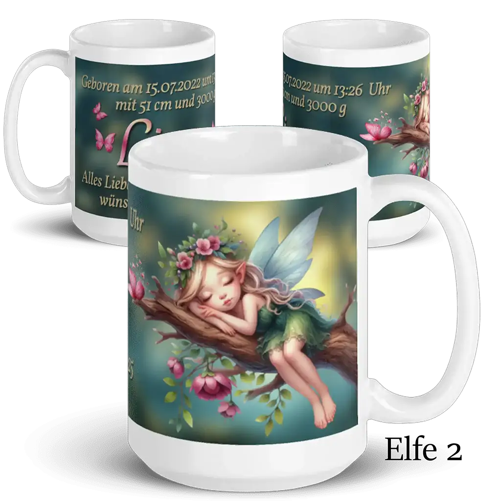 Personalisierte Tasse mit schlafender Elfe auf Ast, Blumen und Geburtsdaten-Text