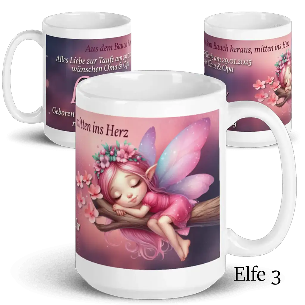 Tasse mit schlafender Elfe auf Ast, rosa Flügel, Blumendekor, Taufe Geschenk