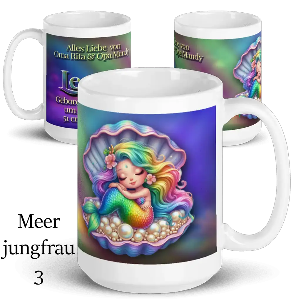 Kaffeetasse mit bunter Meerjungfrau in Muschel, personalisiert, Geschenkidee