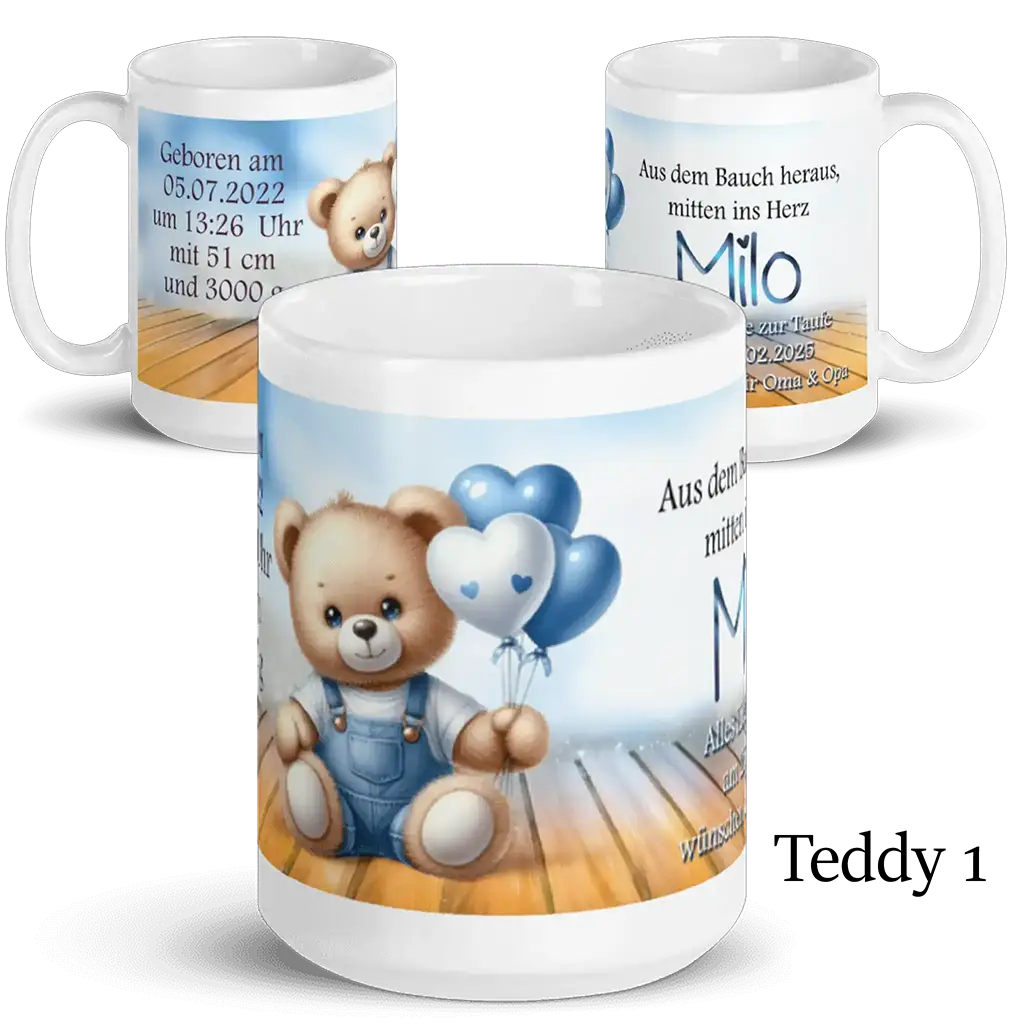Personalisierte Tasse mit süßem Teddy, blauen Herzballons und Geburtsdaten für Kinder