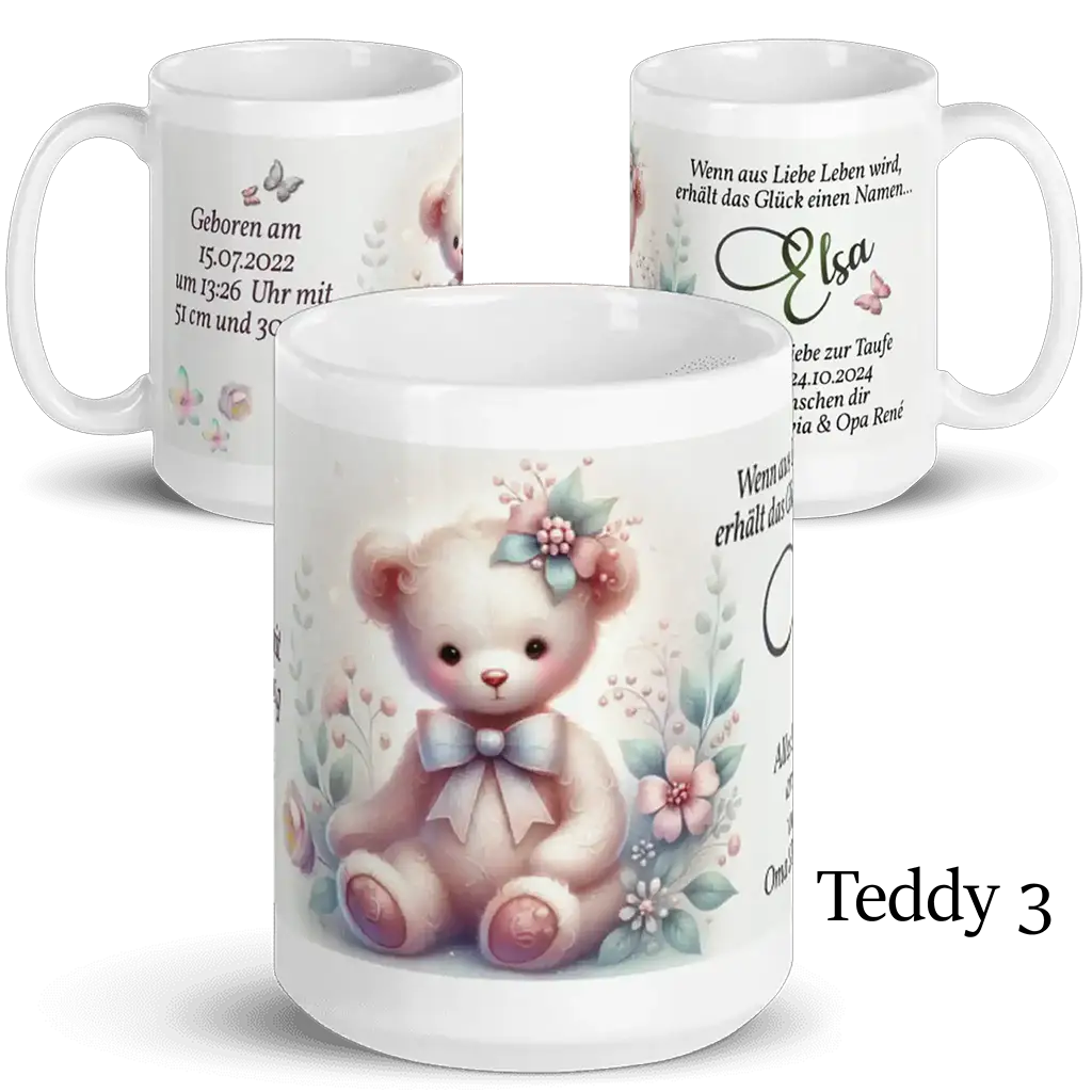 Personalisierte Tasse mit süßem Teddy, Blumen und Geburtsdaten, Geschenk zur Taufe.