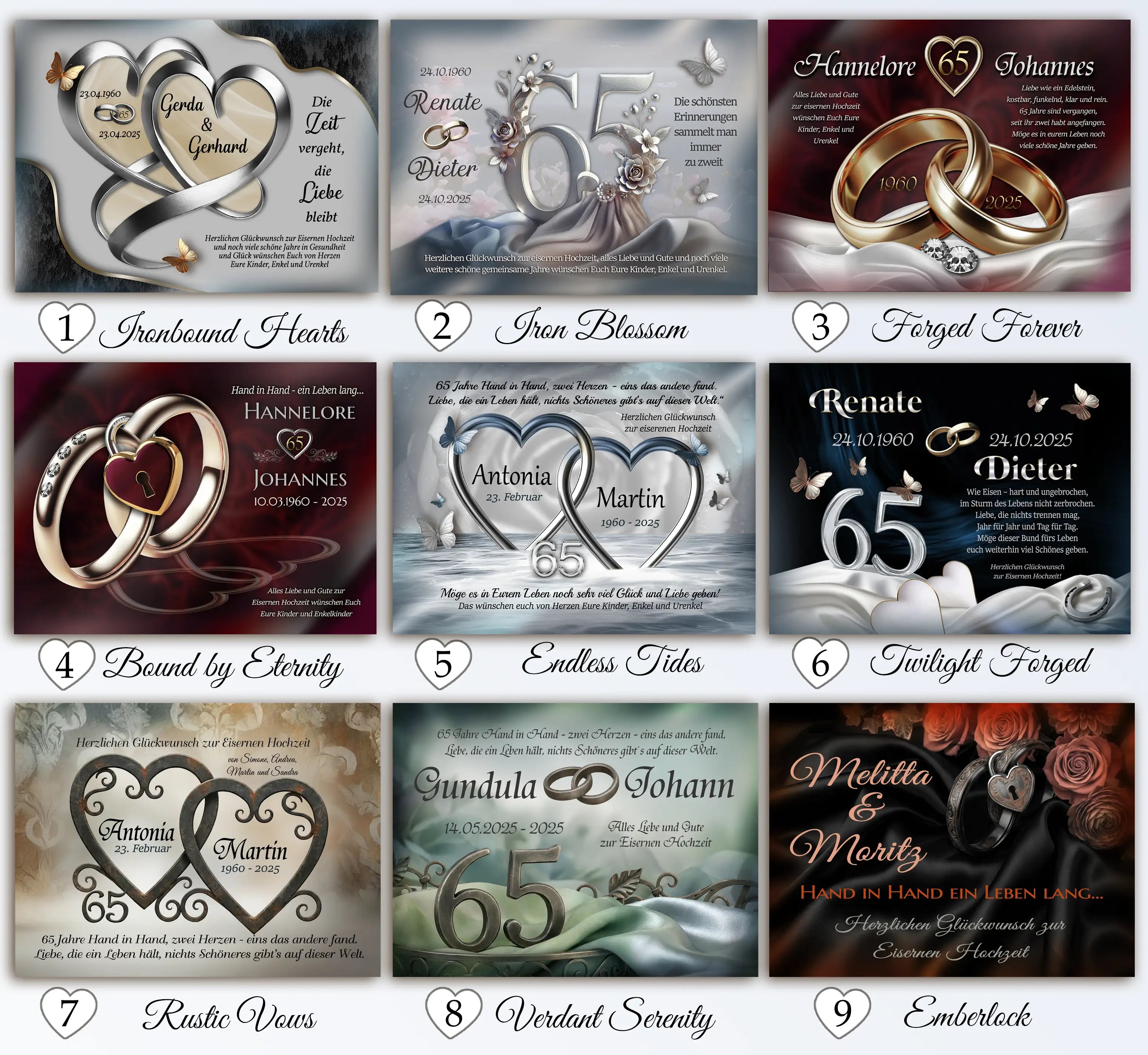 Übersicht personalisierter Leinwandmotive zur Eisernen Hochzeit (65 Jahre) mit verschiedenen Designs aus Herzen, Eheringen, floralen Elementen und Metalloptik, jeweils mit Namen, Jubiläumsdaten und Liebessprüchen, präsentiert als stilvolle Motivkollektion