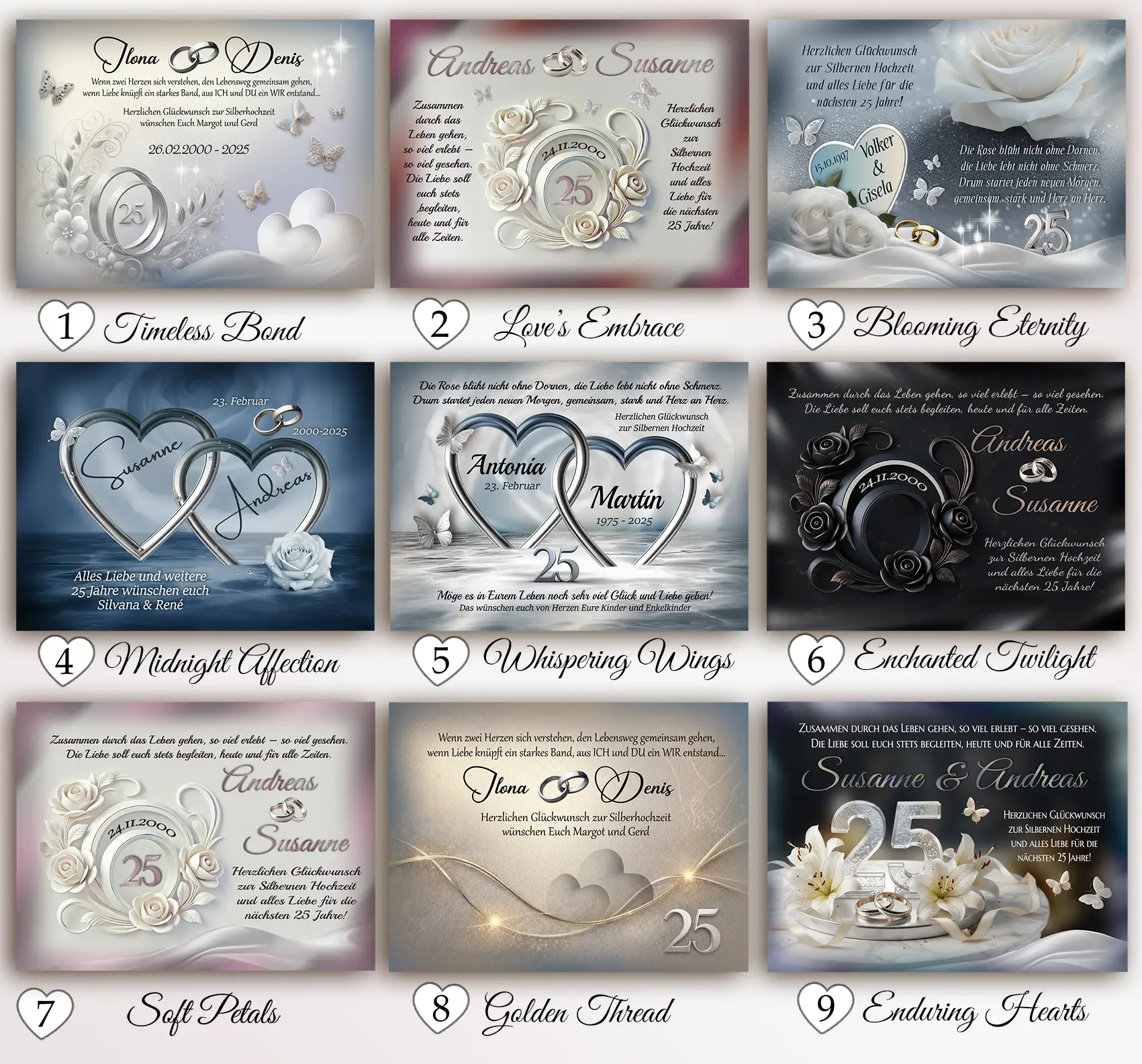Übersicht personalisierter Motive für Silberhochzeit-Holzboxen mit sechs Designvarianten zum 25. Hochzeitstag, jeweils mit Namen des Ehepaares, Herz- und Ringmotiven.