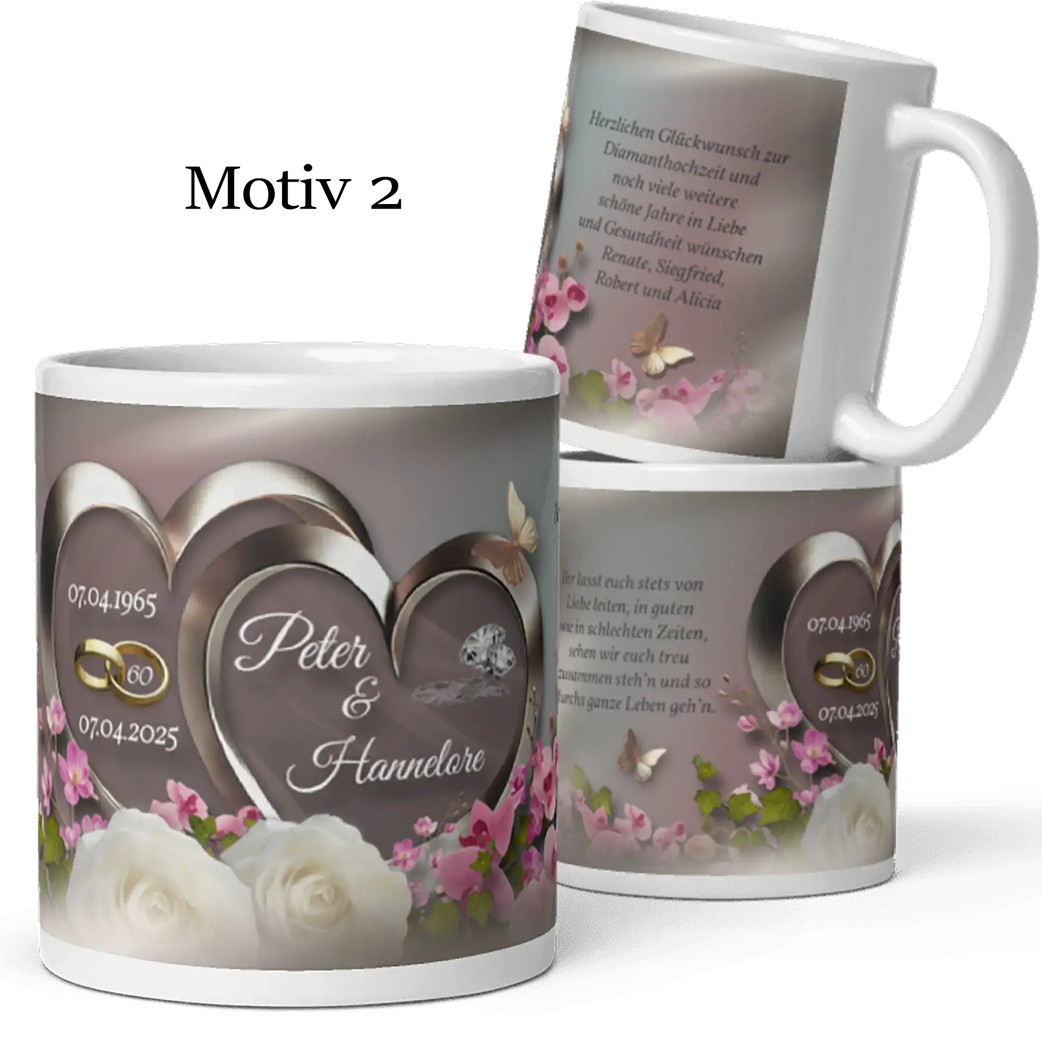 Tasse zur Diamanthochzeit mit floraler Deko und goldenen Eheringen