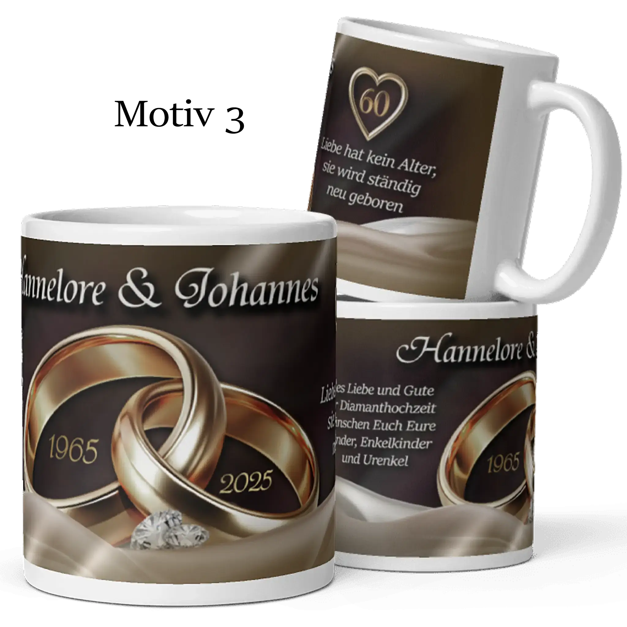 Liebevolles Andenken zur Diamanthochzeit – Tasse mit Ringen und Diamanten