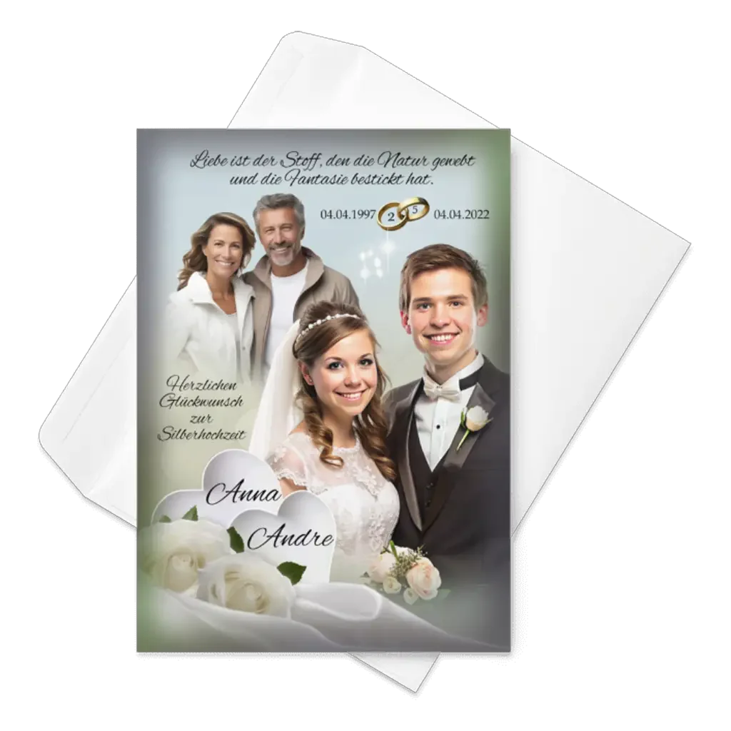 Silberhochzeit Karte mit Brautpaar, älterem Paar, weißen Rosen und Umschlag, personalisiert mit Namen Anna und Andre