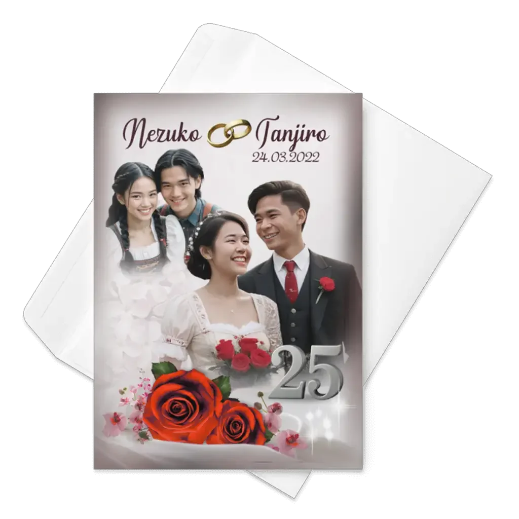 Silberhochzeit Karte mit Paar, roten Rosen, silberner 25, Umschlag und Datum 24.03.2022