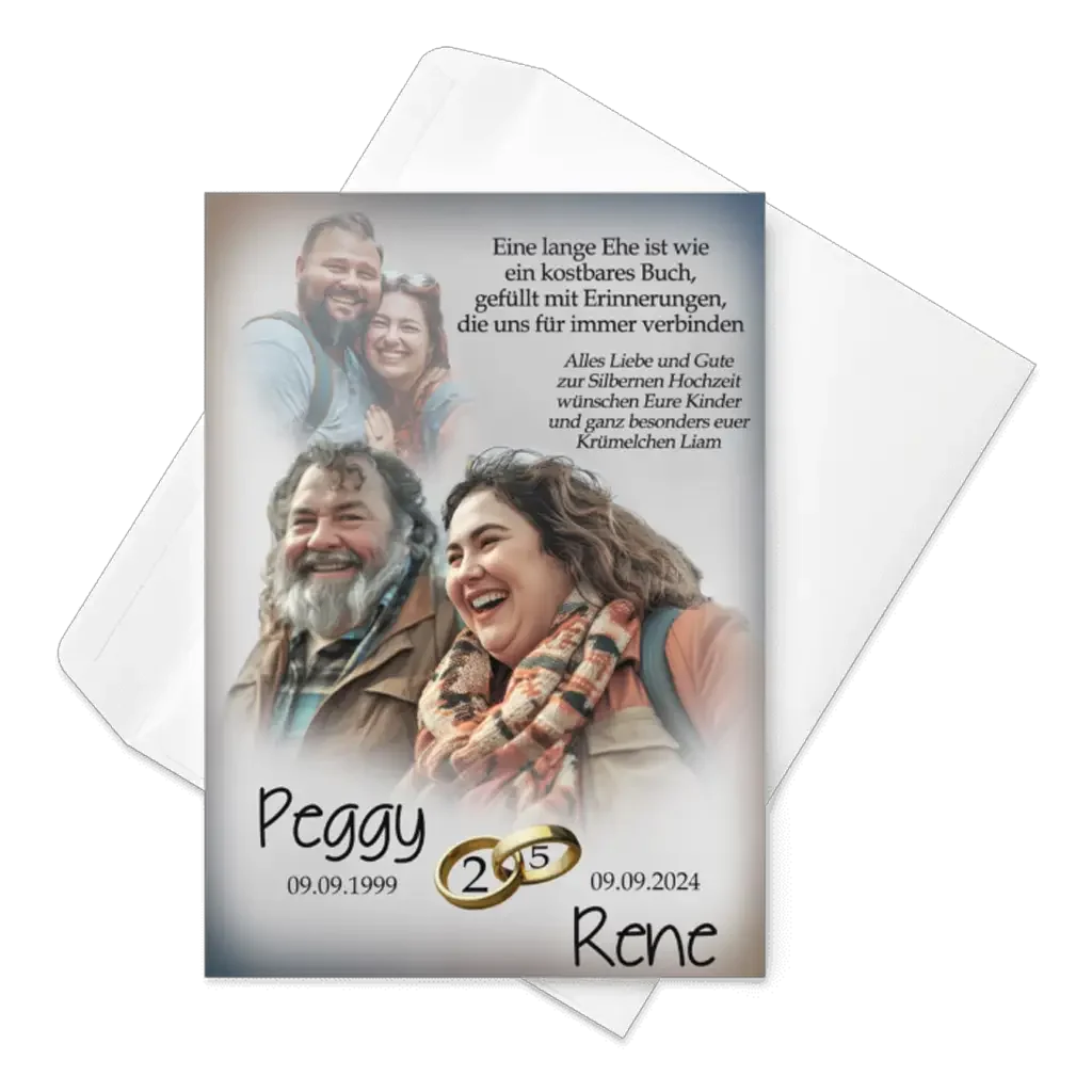 Personalisierte Silberhochzeit Karte mit Familienfoto, Glückwunschtext und Eheringen Motiv