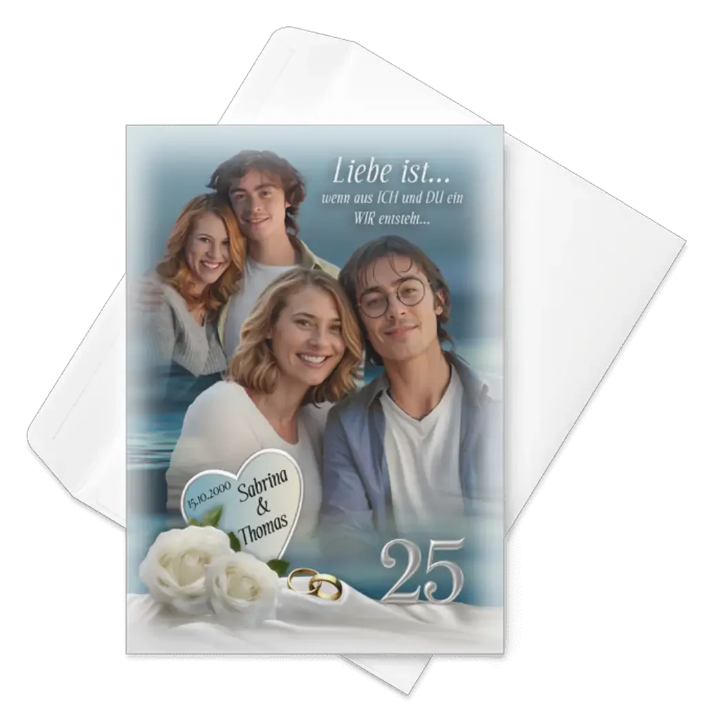 Silberhochzeit Karte mit Paar, weißen Rosen, Eheringen und Zahl 25 vor Umschlag