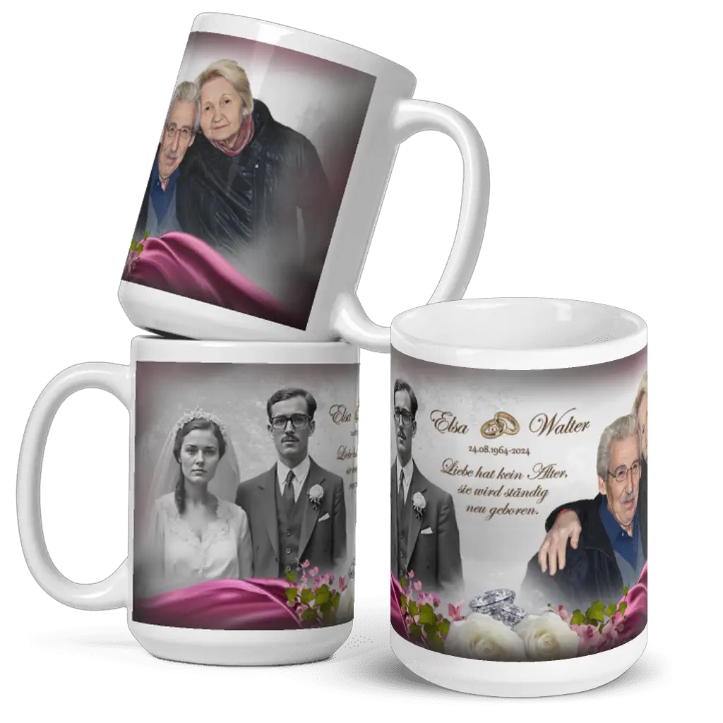 Stilvolle Jubiläums­tasse Diamant­hochzeit mit Braut und Bräutigam