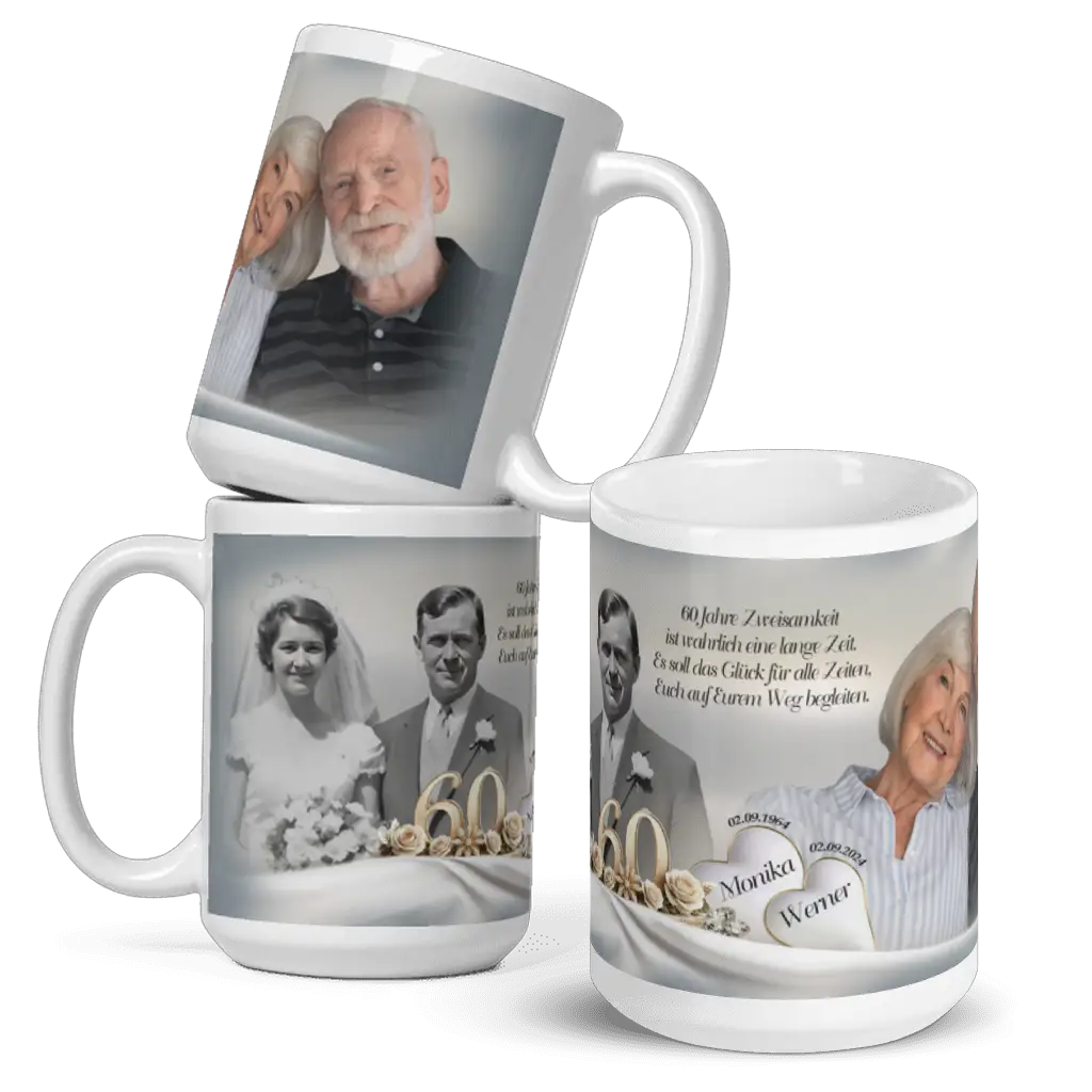 Nostalgische Foto­tasse Diamant­hochzeit mit Schwarz-Weiß-Bild