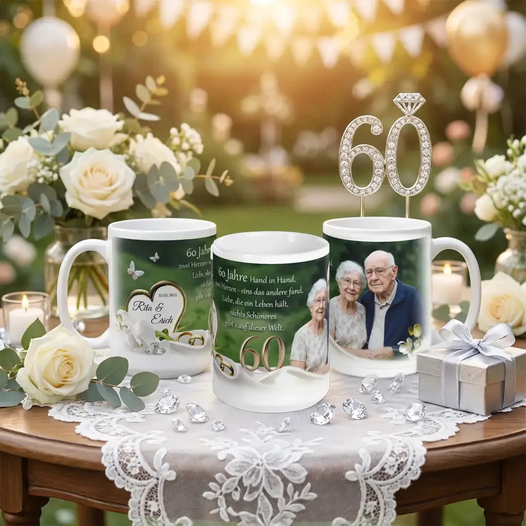 Tassen zum 60. Hochzeitstag. Mockup zur Diamanthochzeit mit Foto und Text