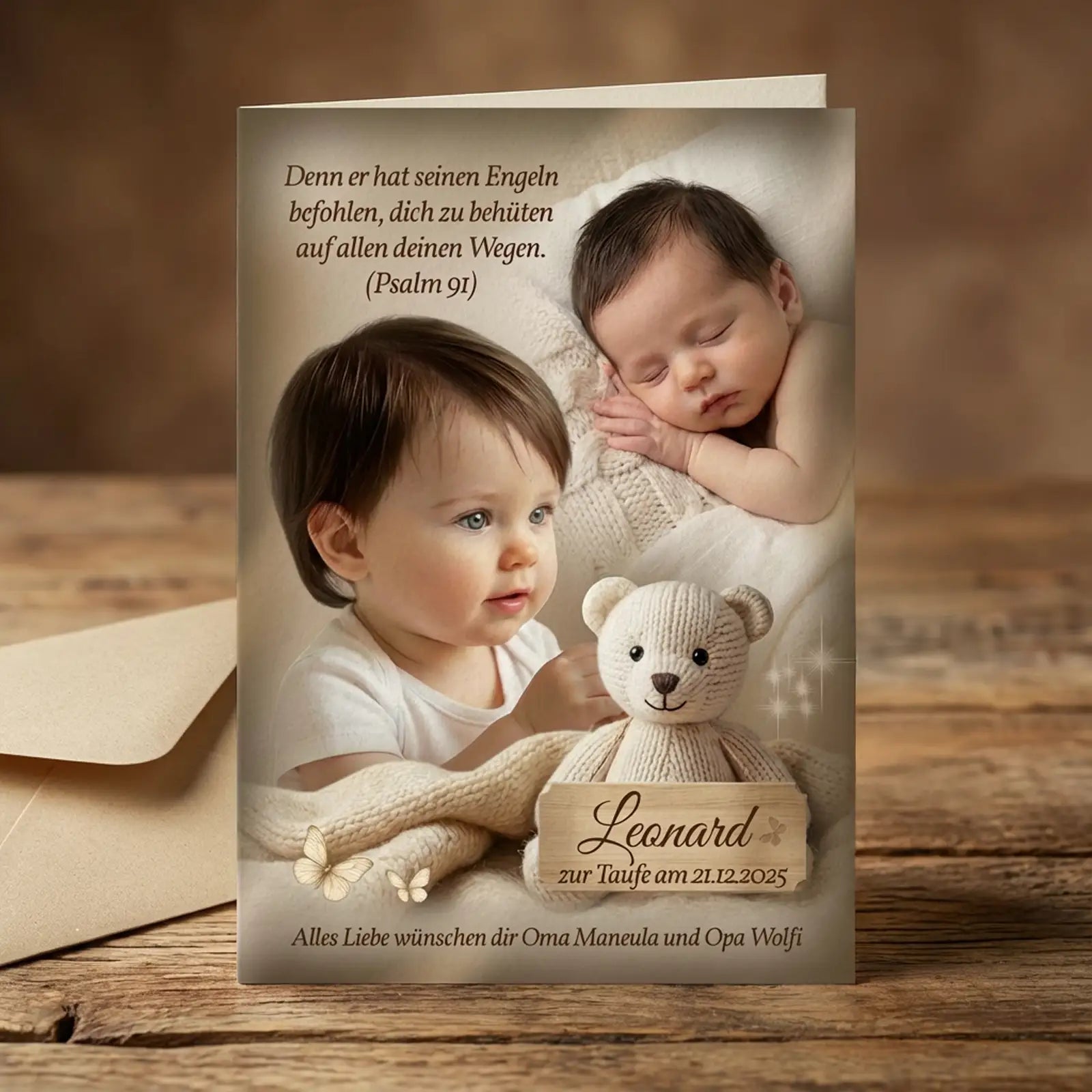 Personalisierte Taufkarte für Leonard mit zwei Babys, Psalm 91, Stoffbär und Widmung von Oma Maneula und Opa Wolfi – individuelles Taufgeschenk in warmen Beigetönen