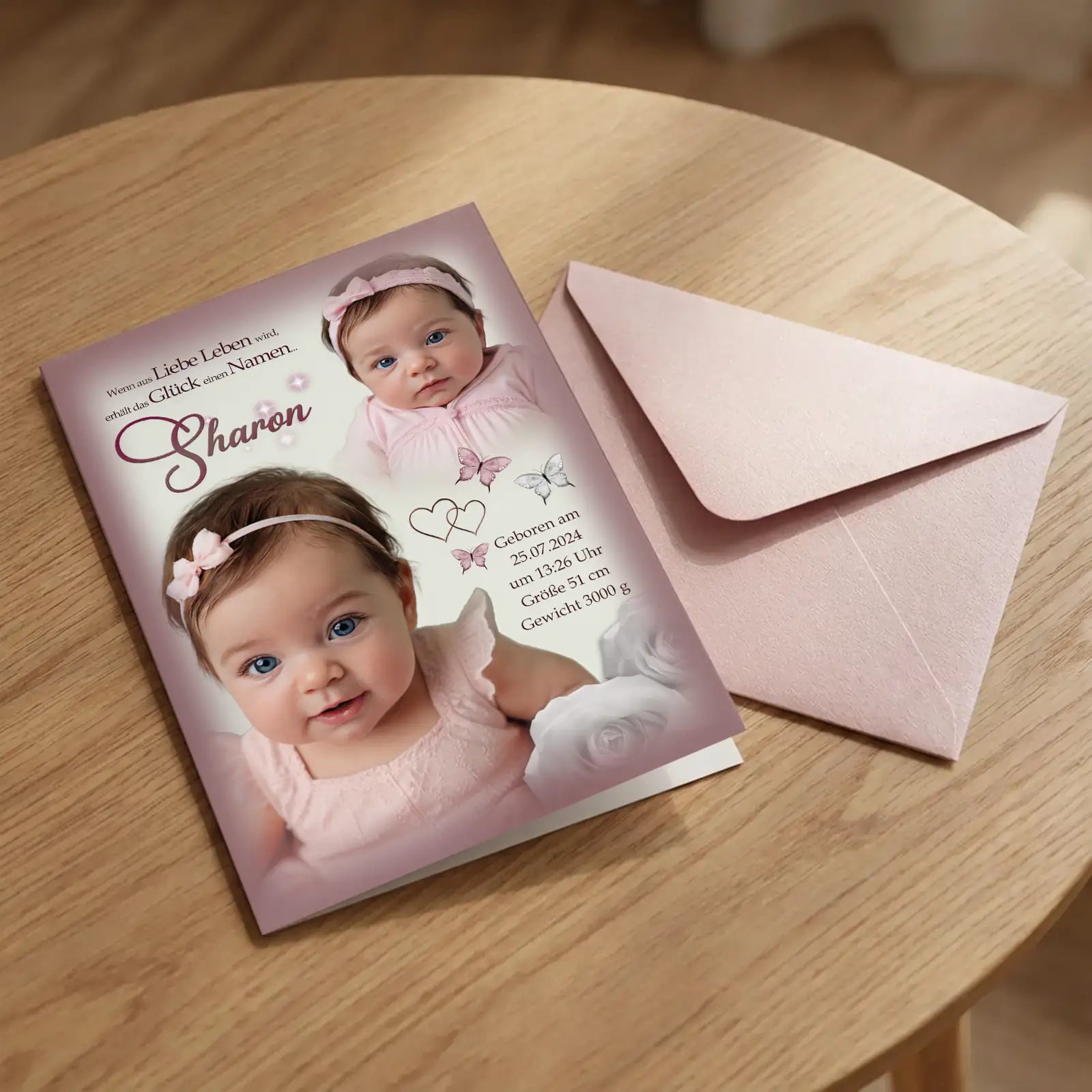 Personalisierte Baby-Geburtskarte mit Foto – rosa Design mit Schmetterlingen, Name Sharon, Geburtsdaten und rosafarbenem Umschlag auf Holztisch.