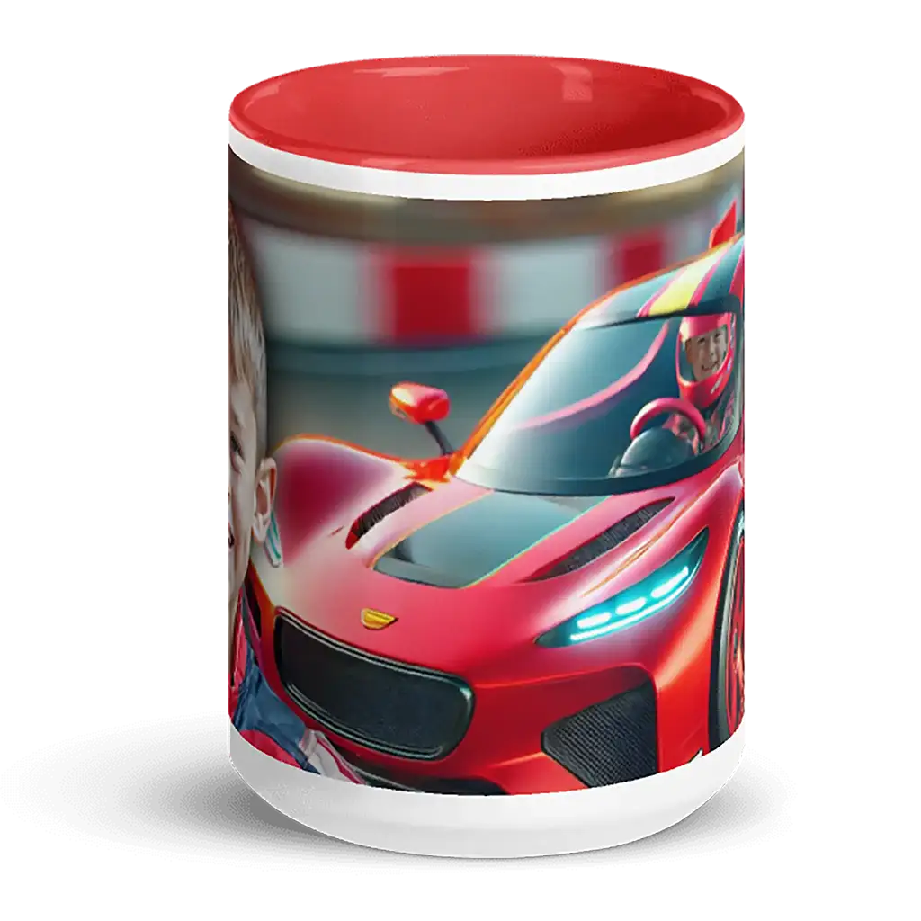 Keramiktasse mit rotem Rennwagen und Rennfahrer Motiv, Kinderbecher, Motorsport Geschenk
