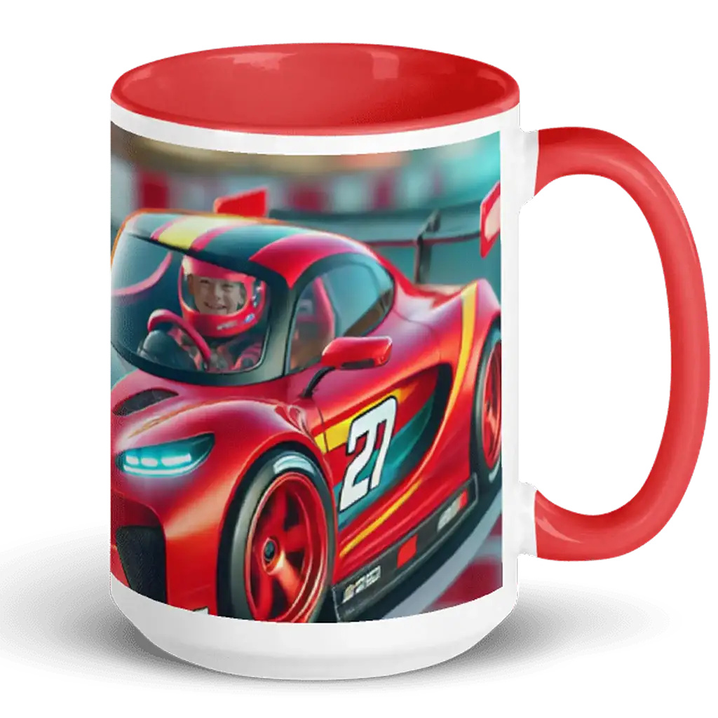 Tasse mit rotem Rennwagen, Startnummer 27, Fahrer im Helm, Motorsport-Design