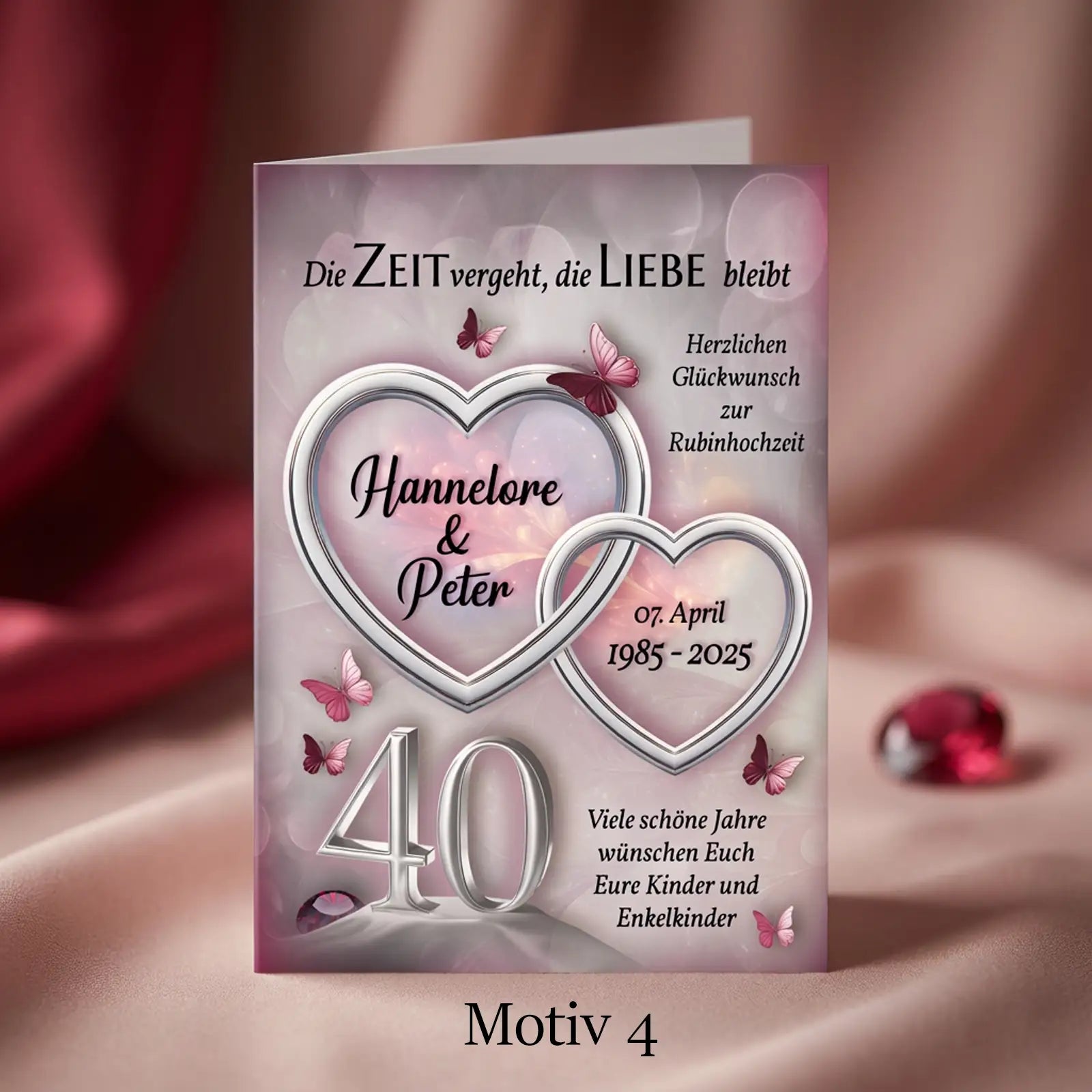 Rubinhochzeit Karte mit Herzen, Schmetterlingen und Aufschrift für 40. Hochzeitstag