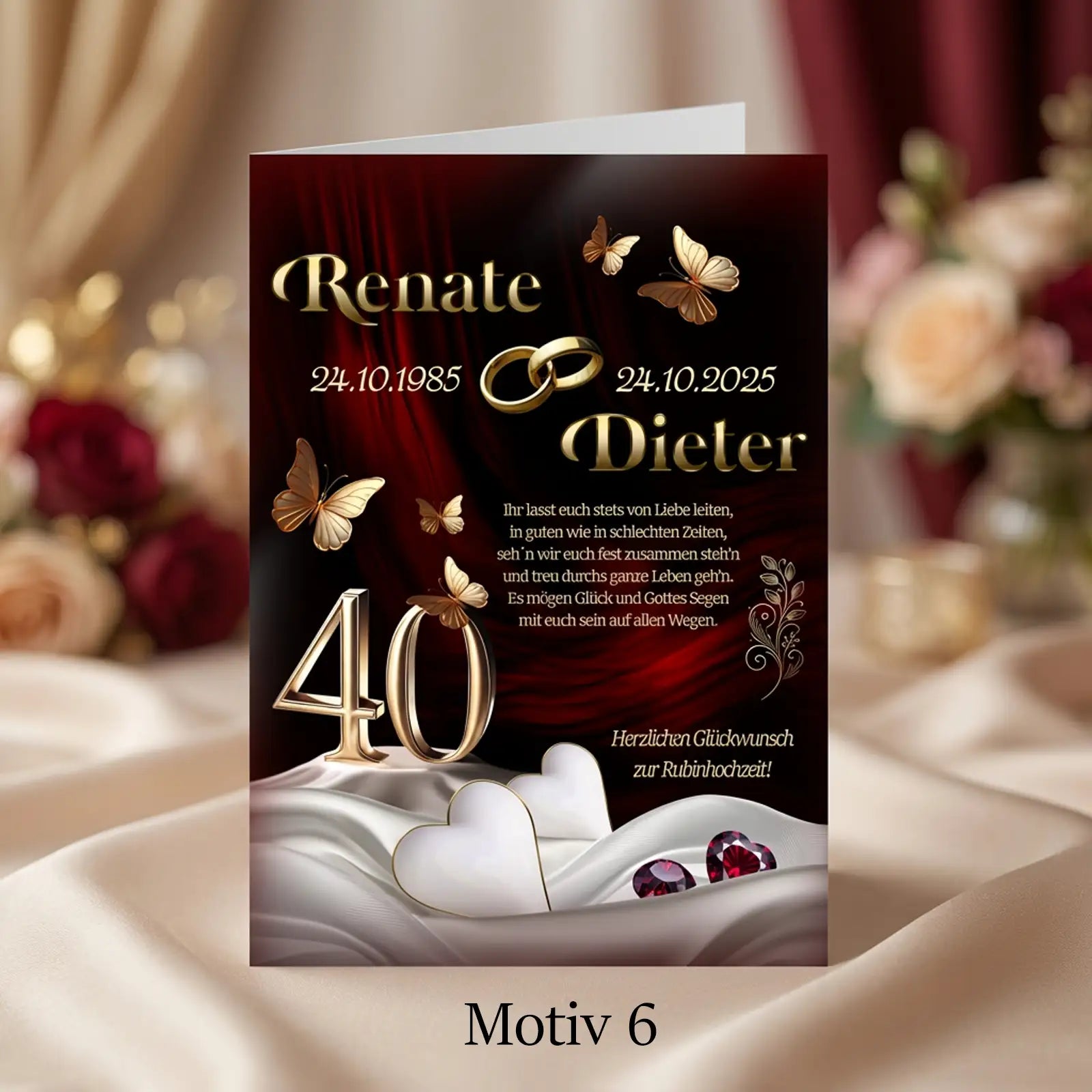 Rubinhochzeit Karte mit goldenen Ringen, Schmetterlingen und Zahl 40 auf rotem Hintergrund