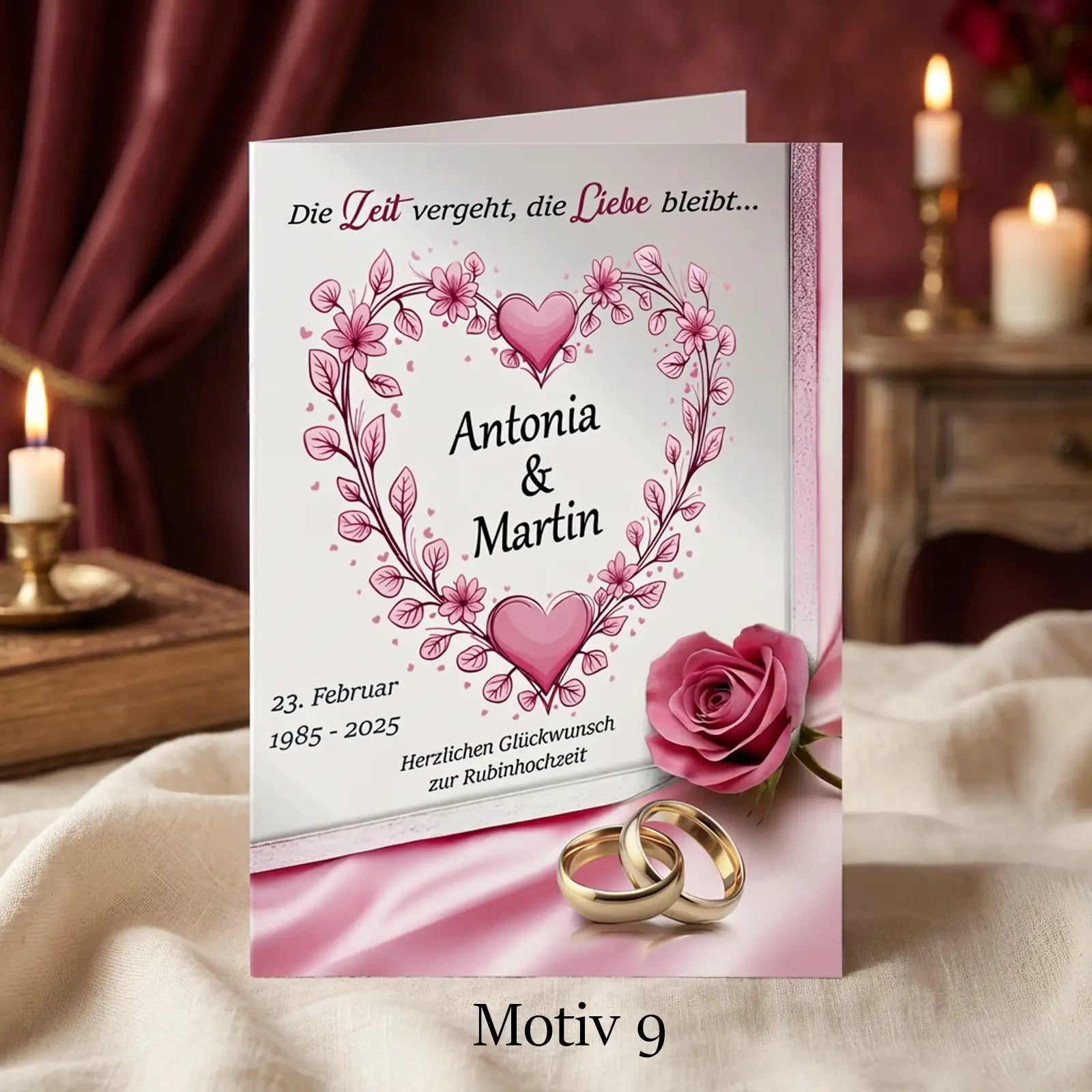 Rubinhochzeit Karte mit pinkem Herz, Rosen, Eheringen und Namen
personalisiert