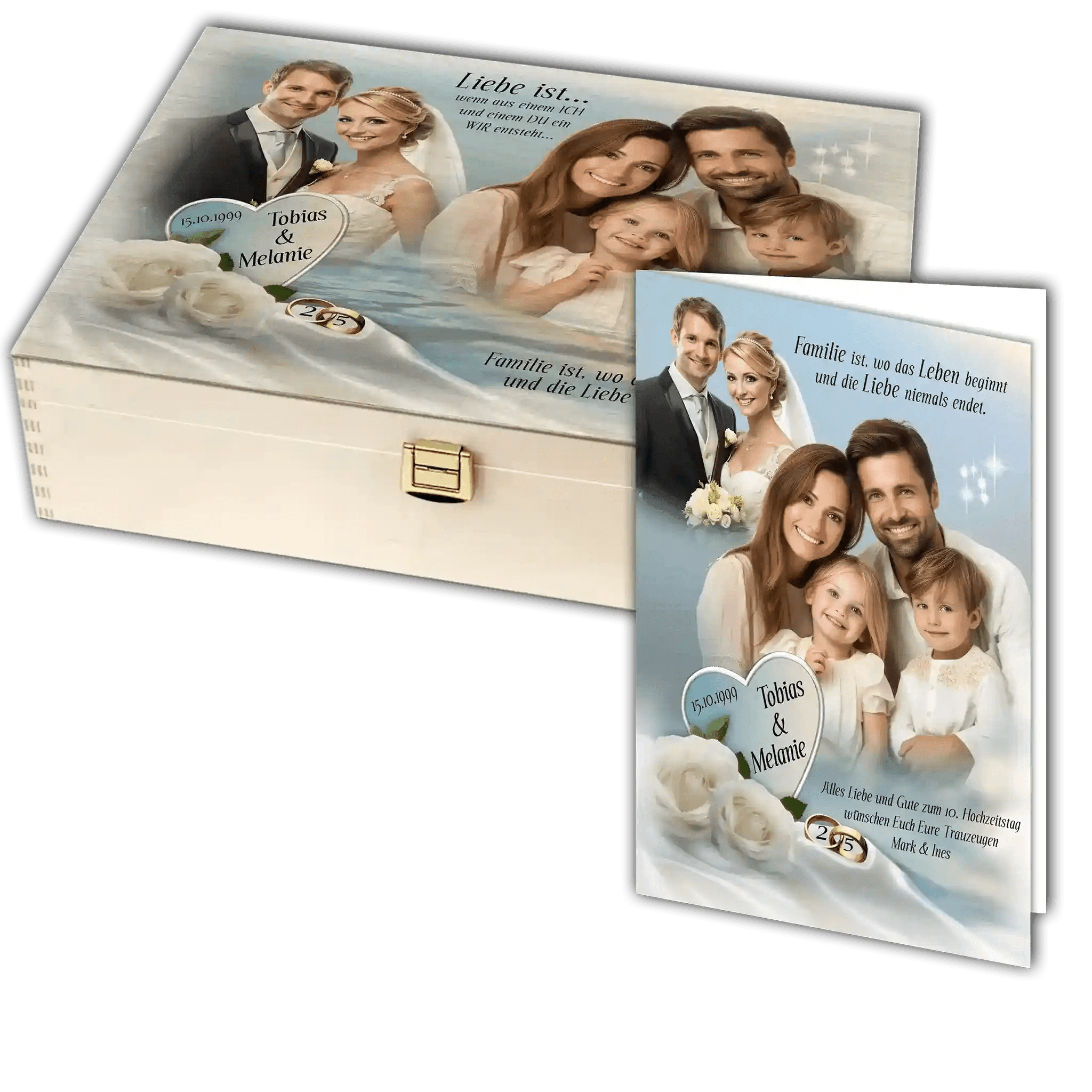 Holzbox mit Grußkarte zur Silberhochzeit, Hochzeitsfoto und Familienbild, verziert mit weißen Rosen, goldenen Ringen, personalisiert mit Namen und Datum