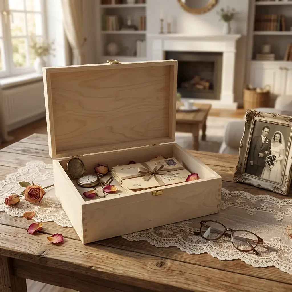 offene Holzbox mit alten Briefen und Erinnerungen. Beispiel für die Verwendung einer Holzbox