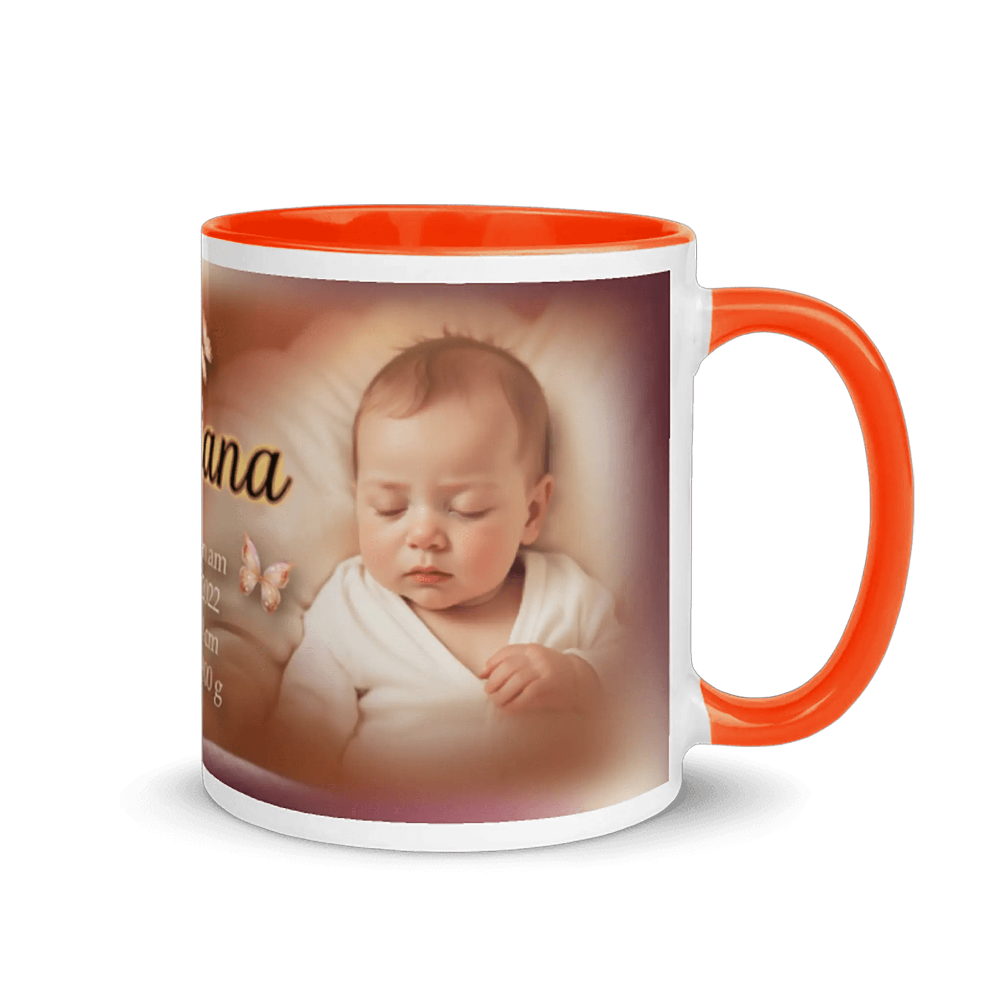 Leuchten Orange Keramiktasse mit Foto für Babys Taufe oder Geburt mit Name und Geburtsdaten