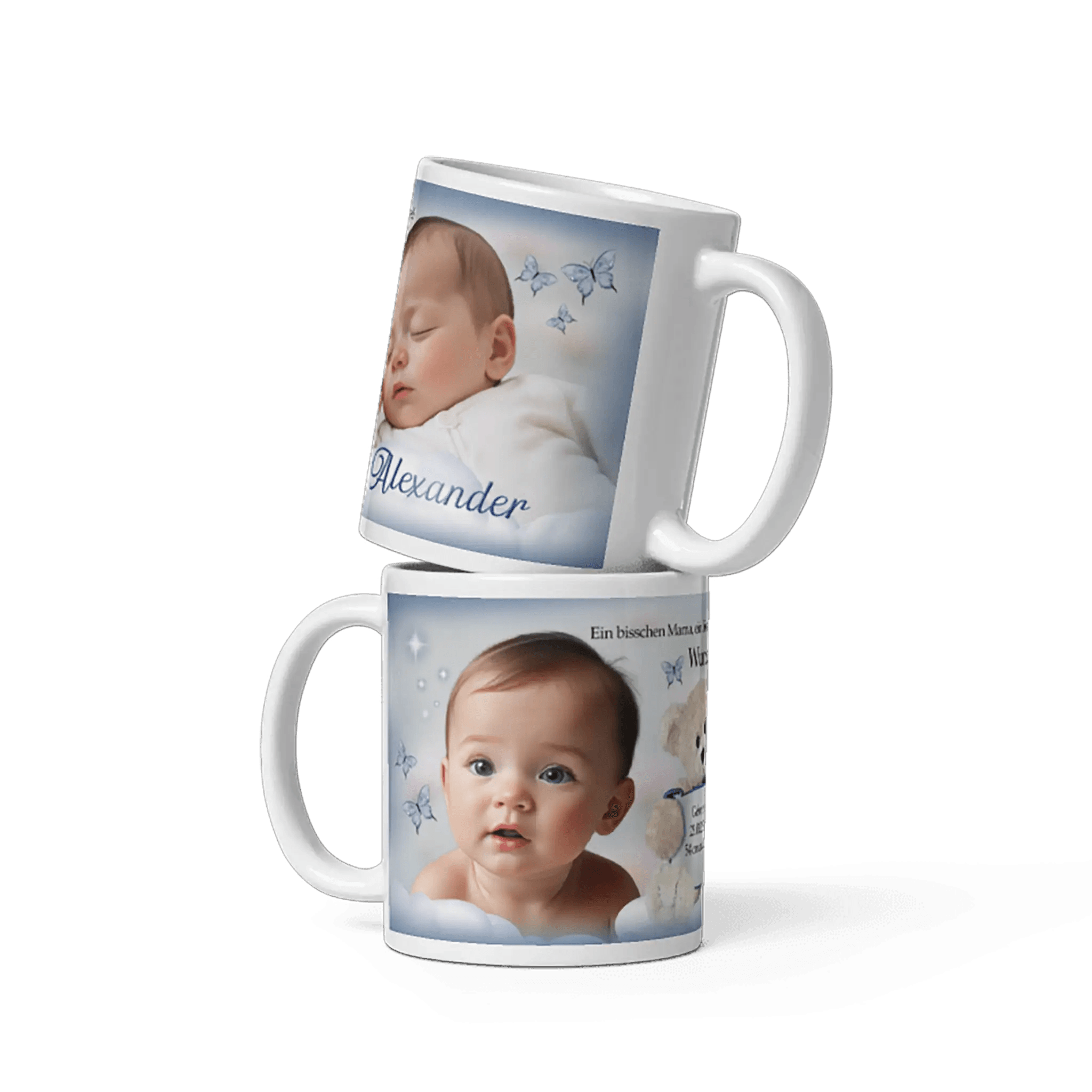 Traumhafte weiße Tasse mit Babyfoto und personalisiertem Text zur Taufe