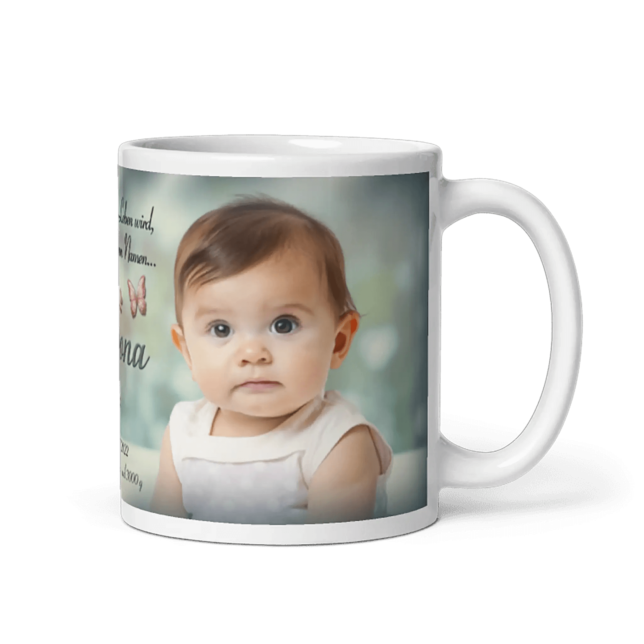 Traumhafte Taufgeschenk-Tasse aus weißer Keramik mit personalisiertem Text und Babyfoto