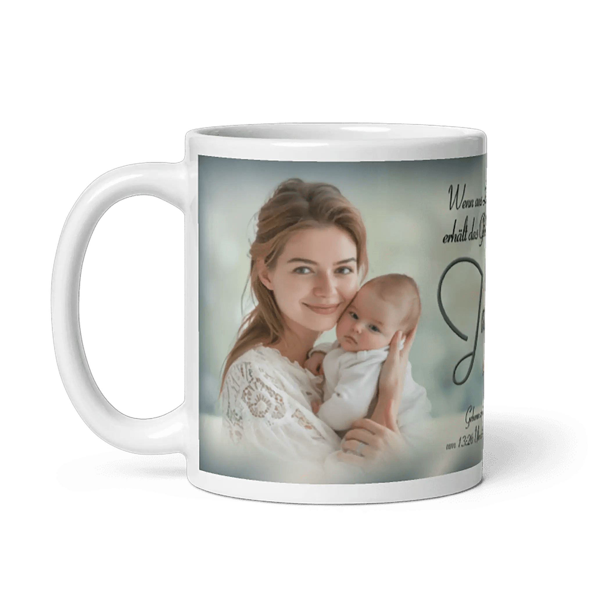 Traumhafte Taufgeschenk-Tasse aus weißer Keramik mit personalisiertem Text und Babyfoto