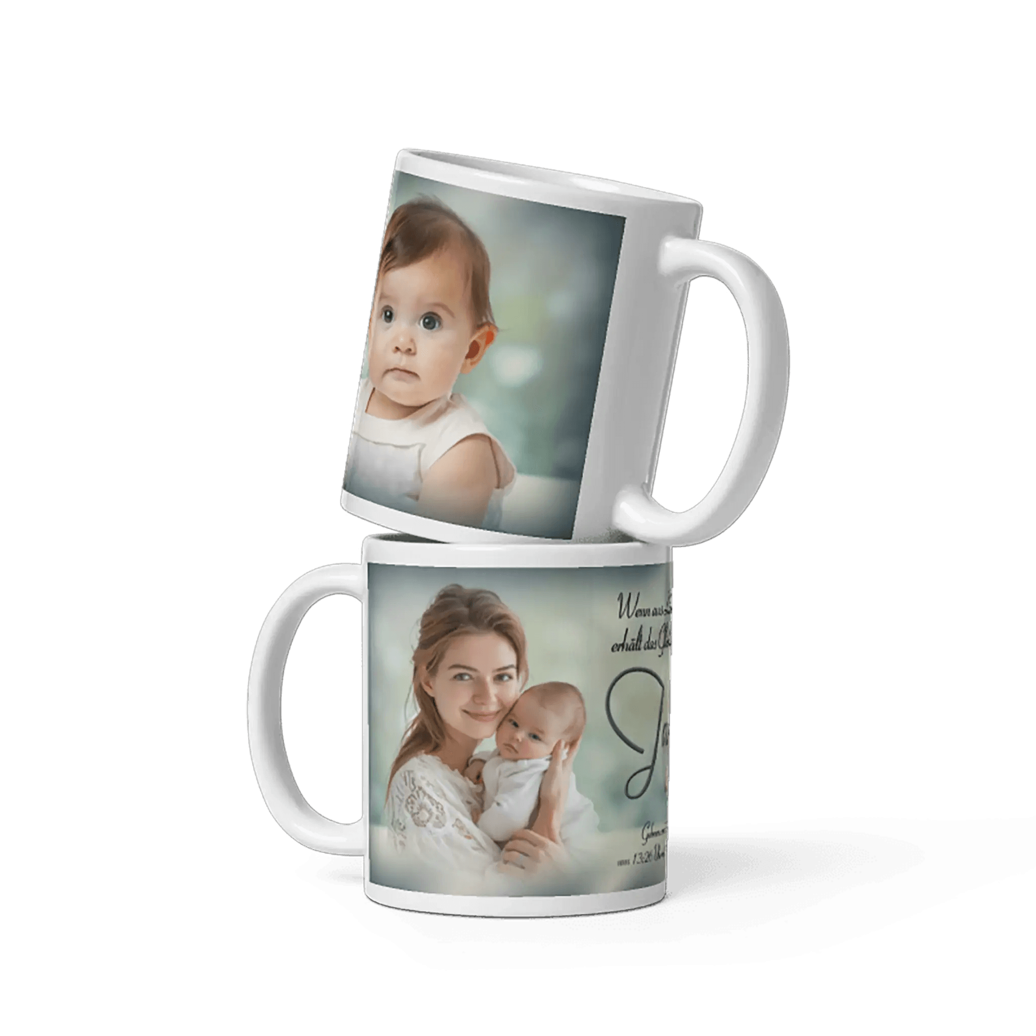 Herzige Taufgeschenk-Tasse aus weißer Keramik mit personalisiertem Text und Babyfoto