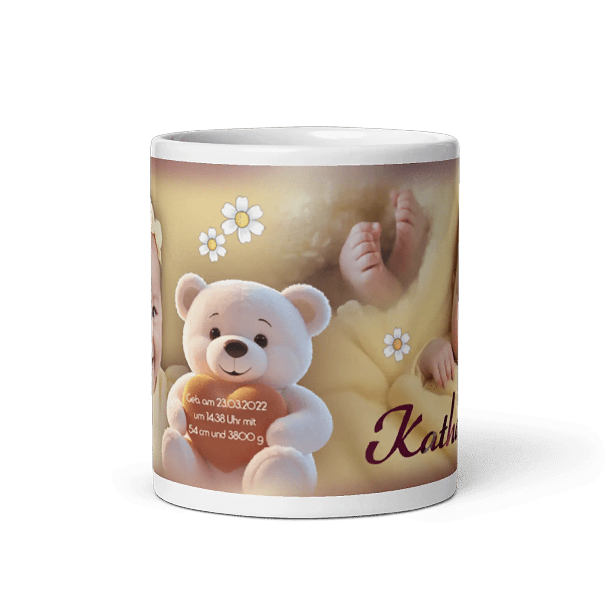 Keramiktasse mit Fotos vom Baby, Teddybär und Geburtsdaten